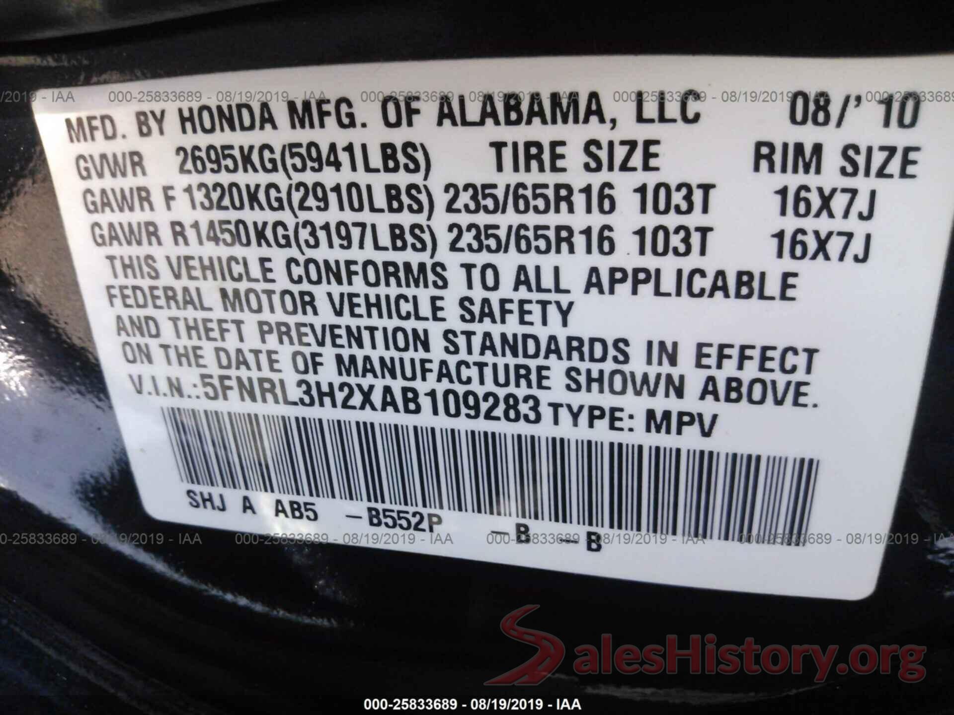 5FNRL3H2XAB109283 2010 HONDA ODYSSEY