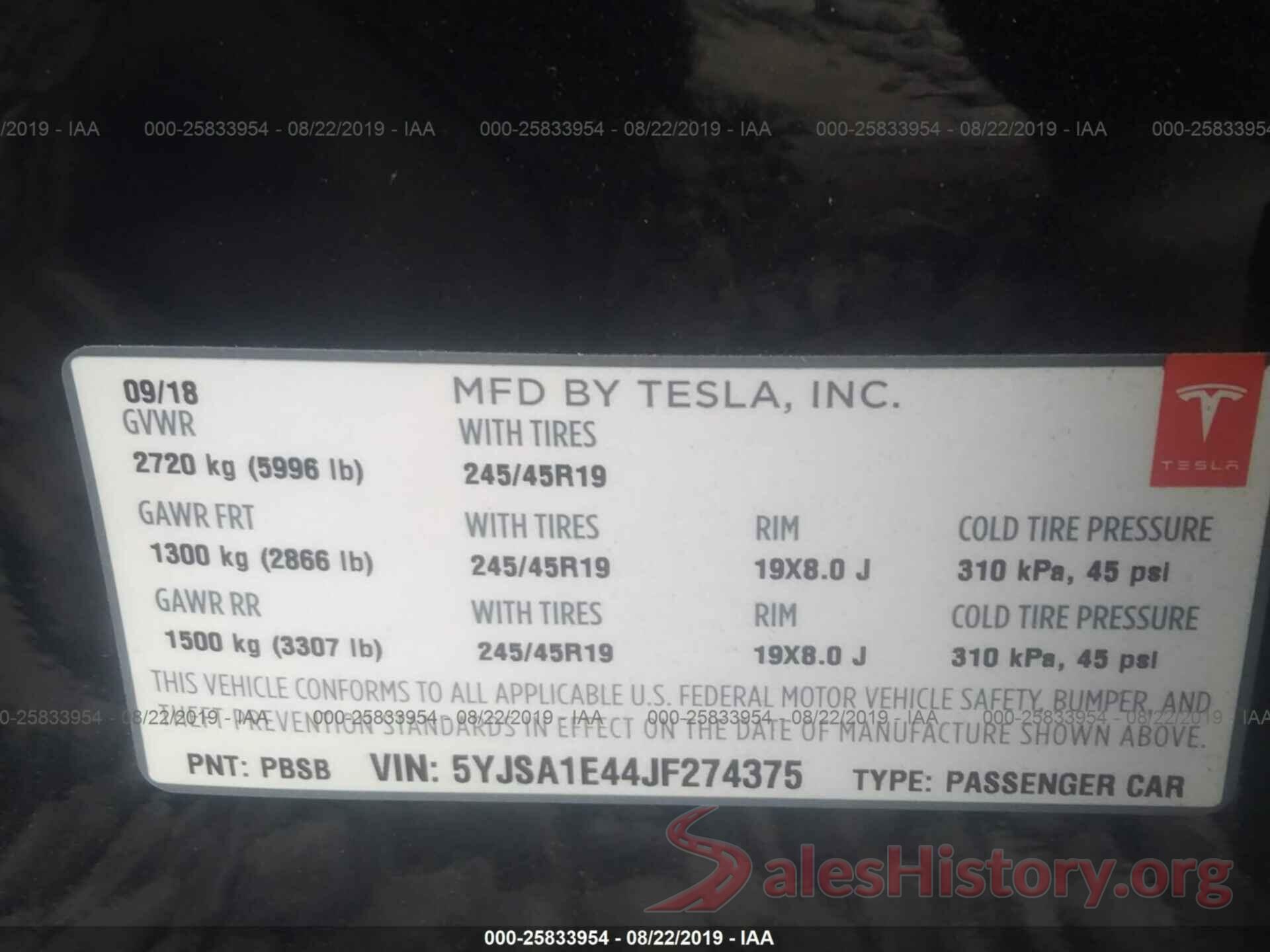 5YJSA1E44JF274375 2018 TESLA MODEL S