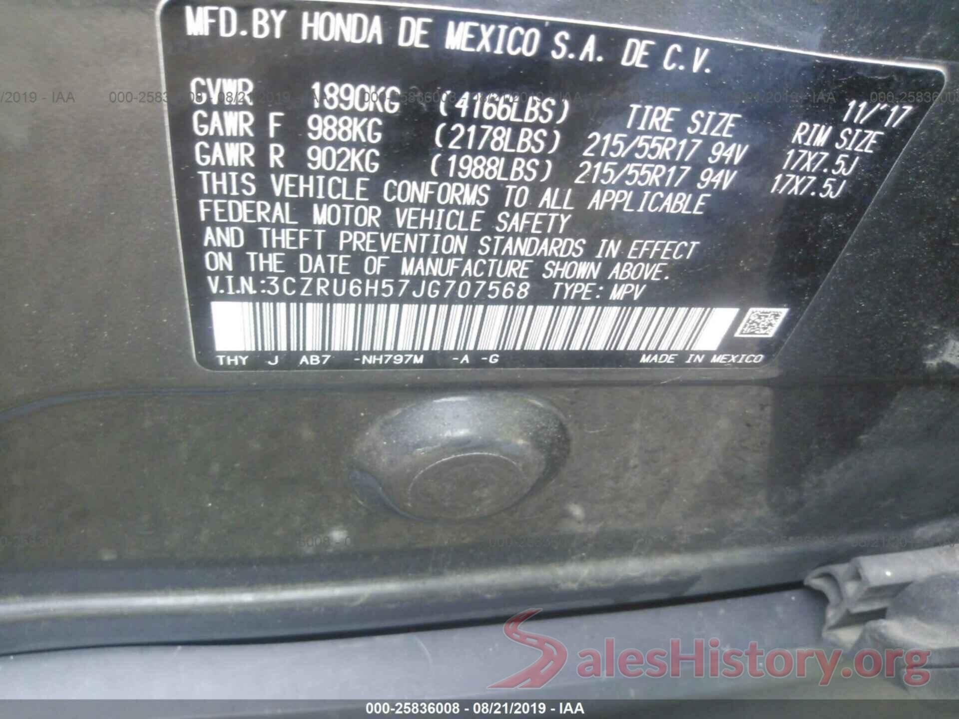 3CZRU6H57JG707568 2018 HONDA HR-V