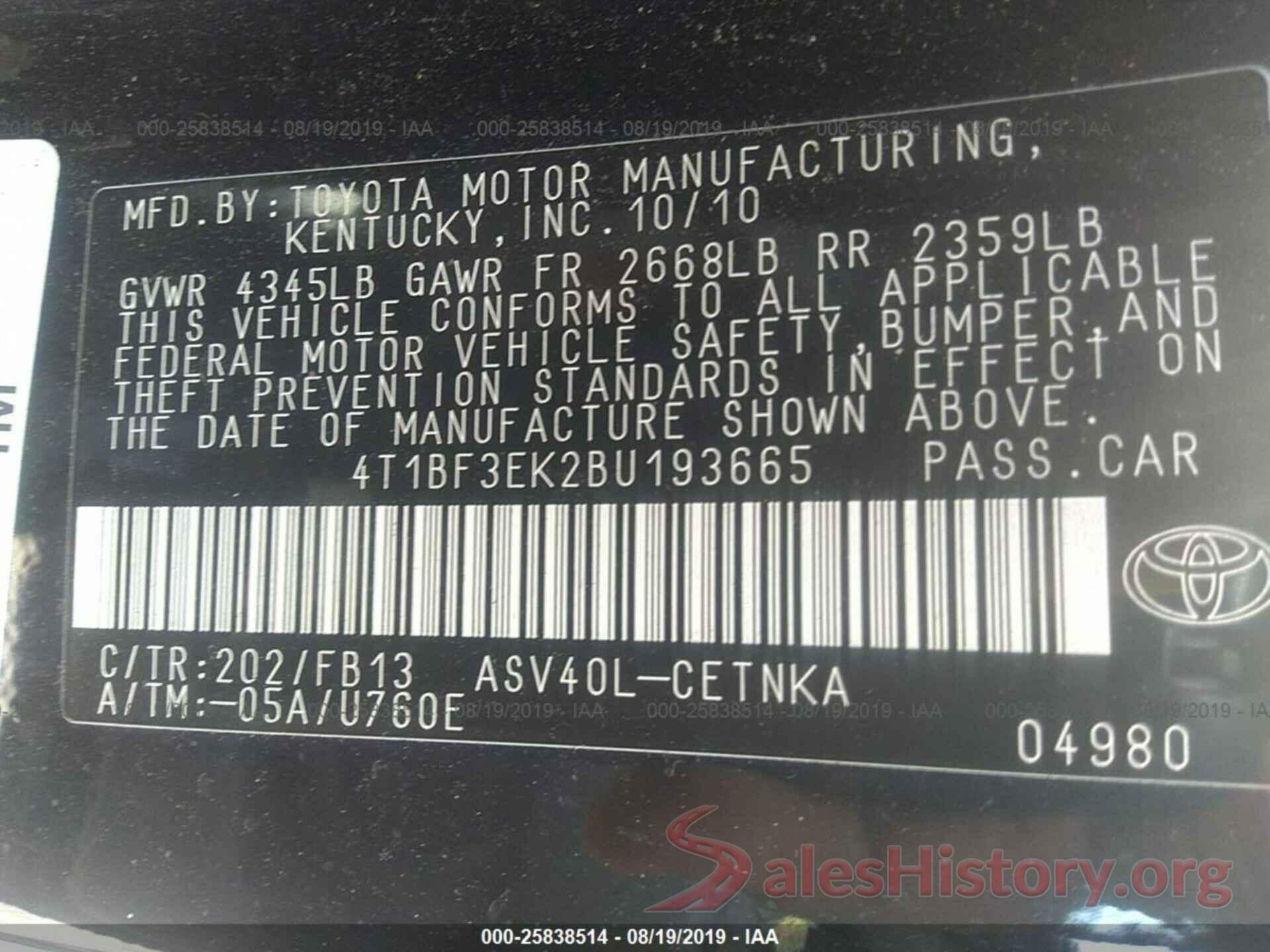 4T1BF3EK2BU193665 2011 TOYOTA CAMRY