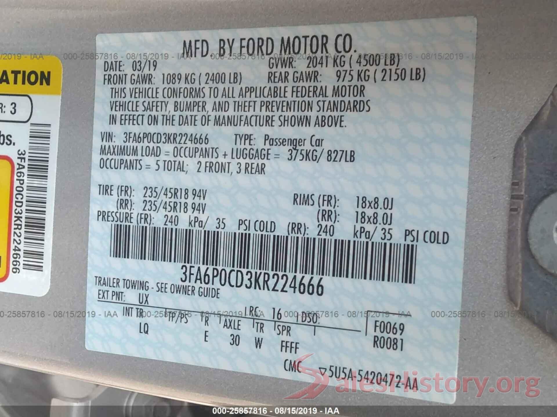 3FA6P0CD3KR224666 2019 FORD FUSION