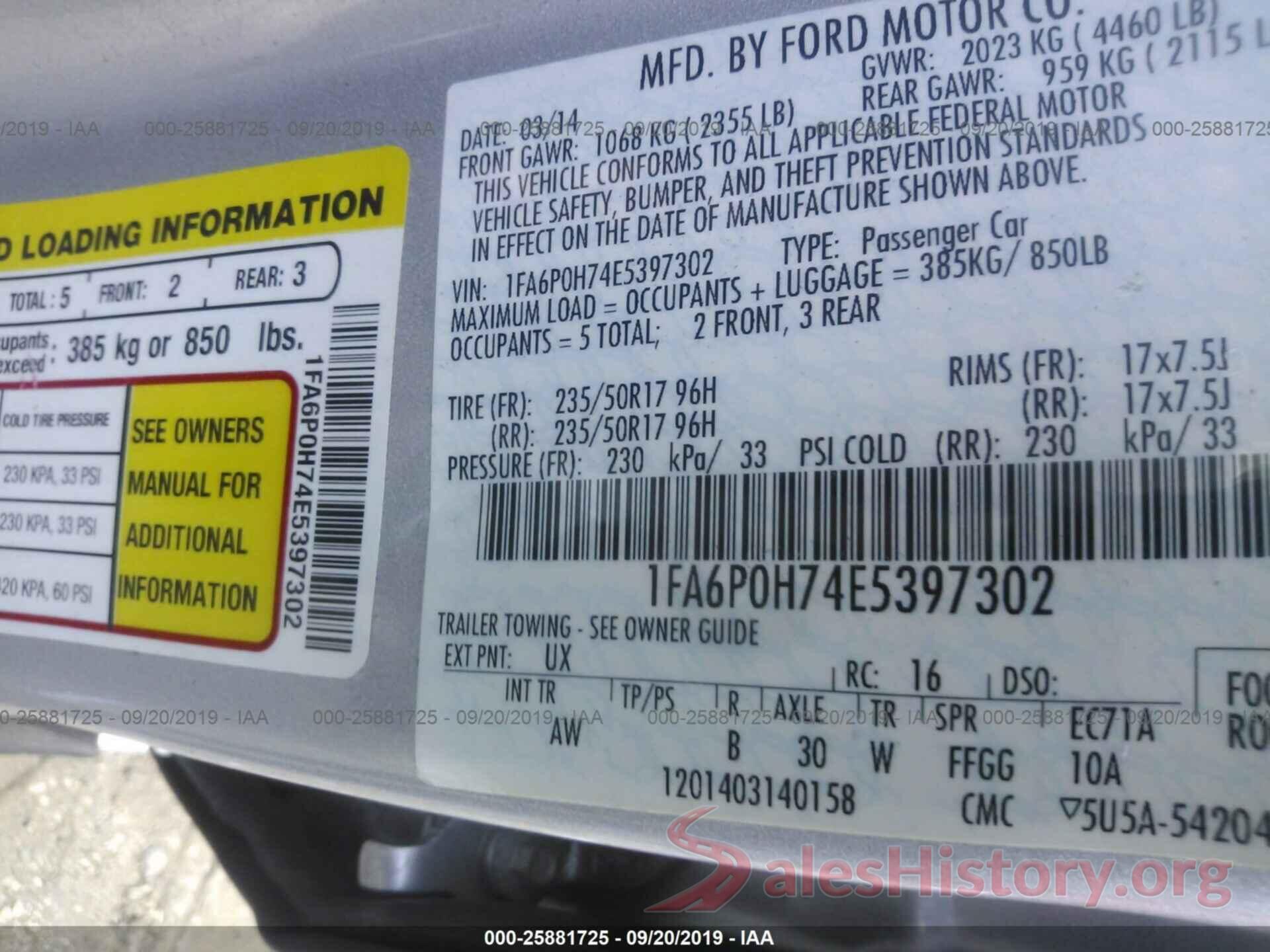 1FA6P0H74E5397302 2014 FORD FUSION