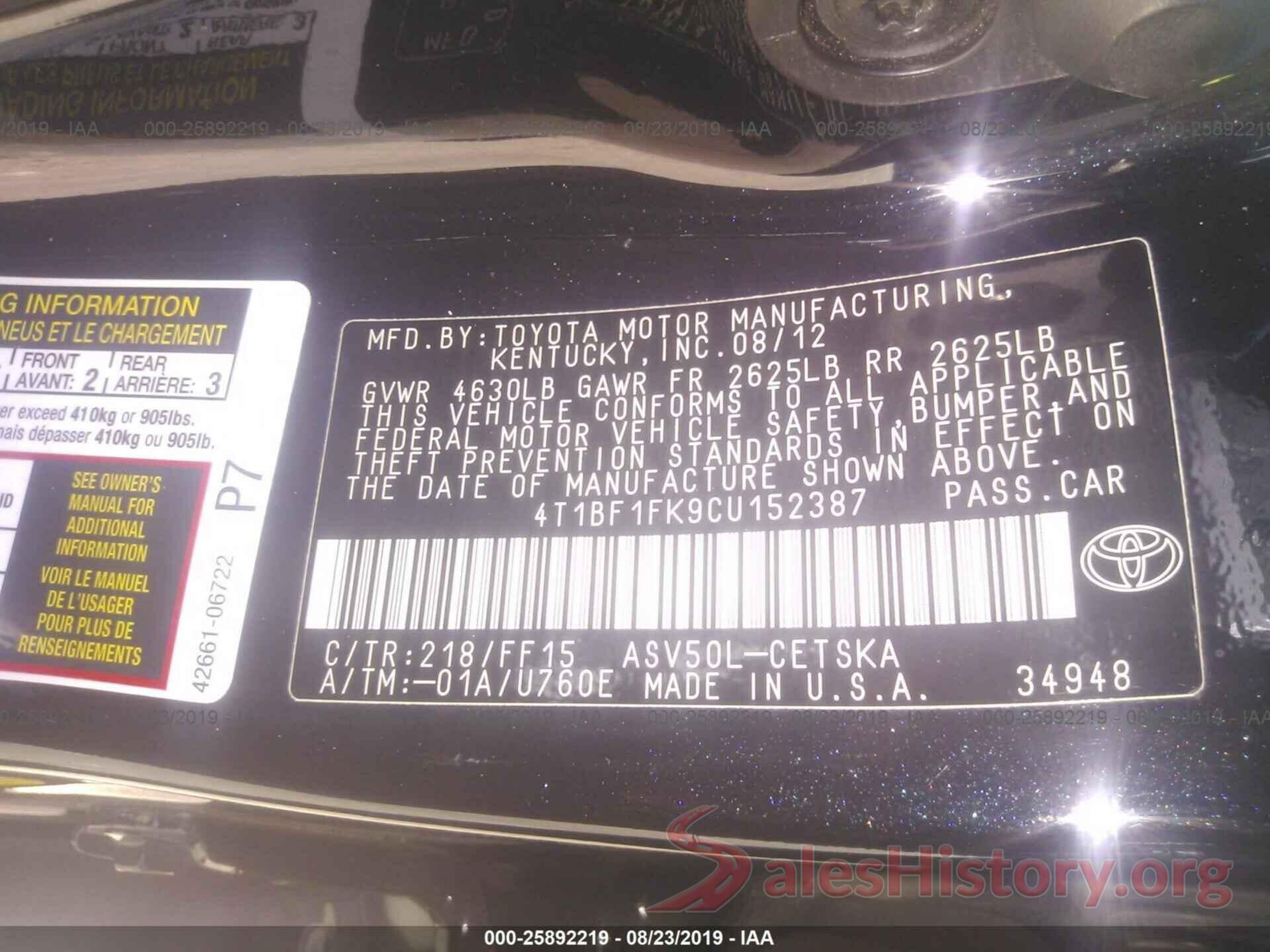 4T1BF1FK9CU152387 2012 TOYOTA CAMRY