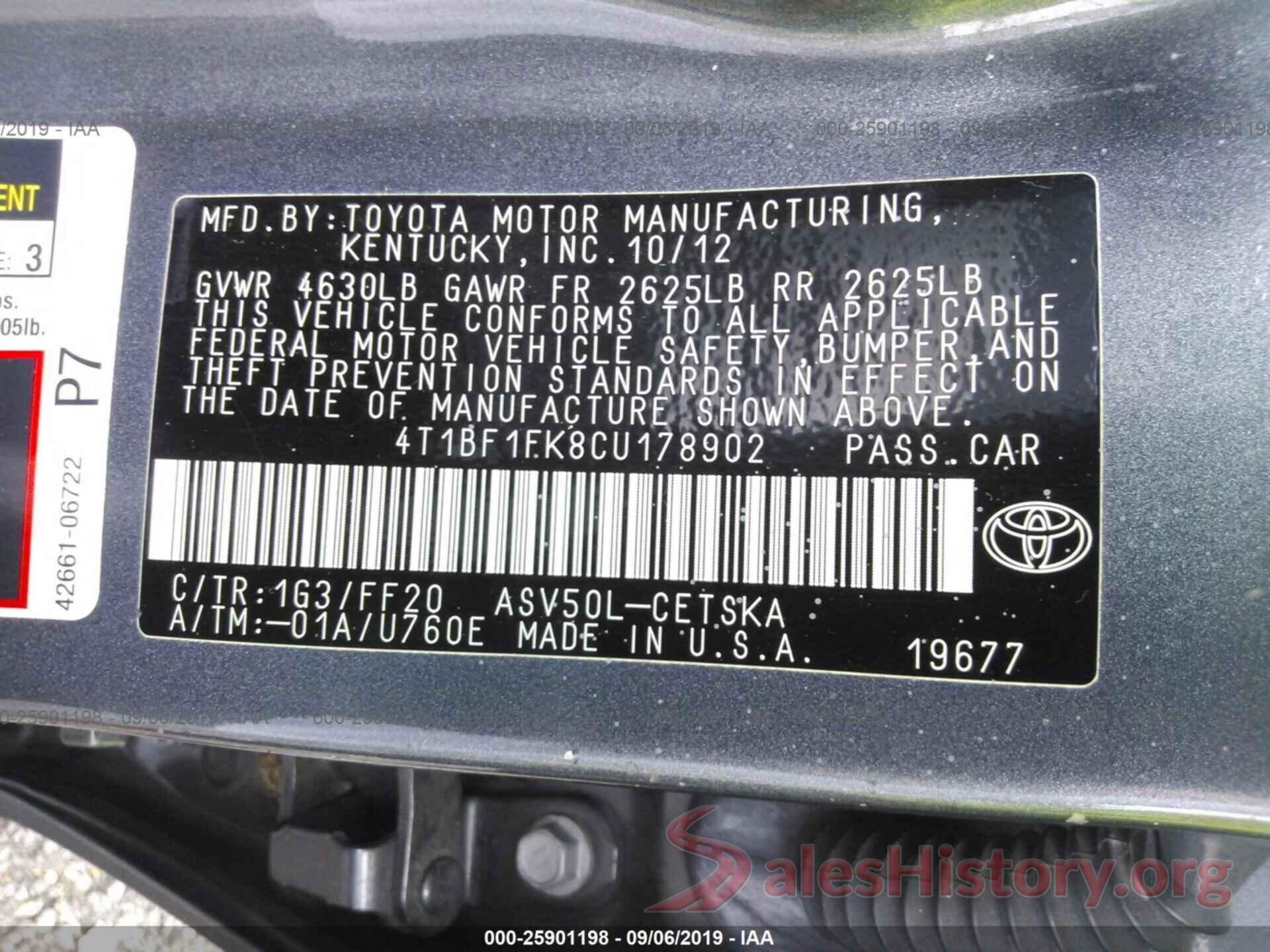 4T1BF1FK8CU178902 2012 TOYOTA CAMRY