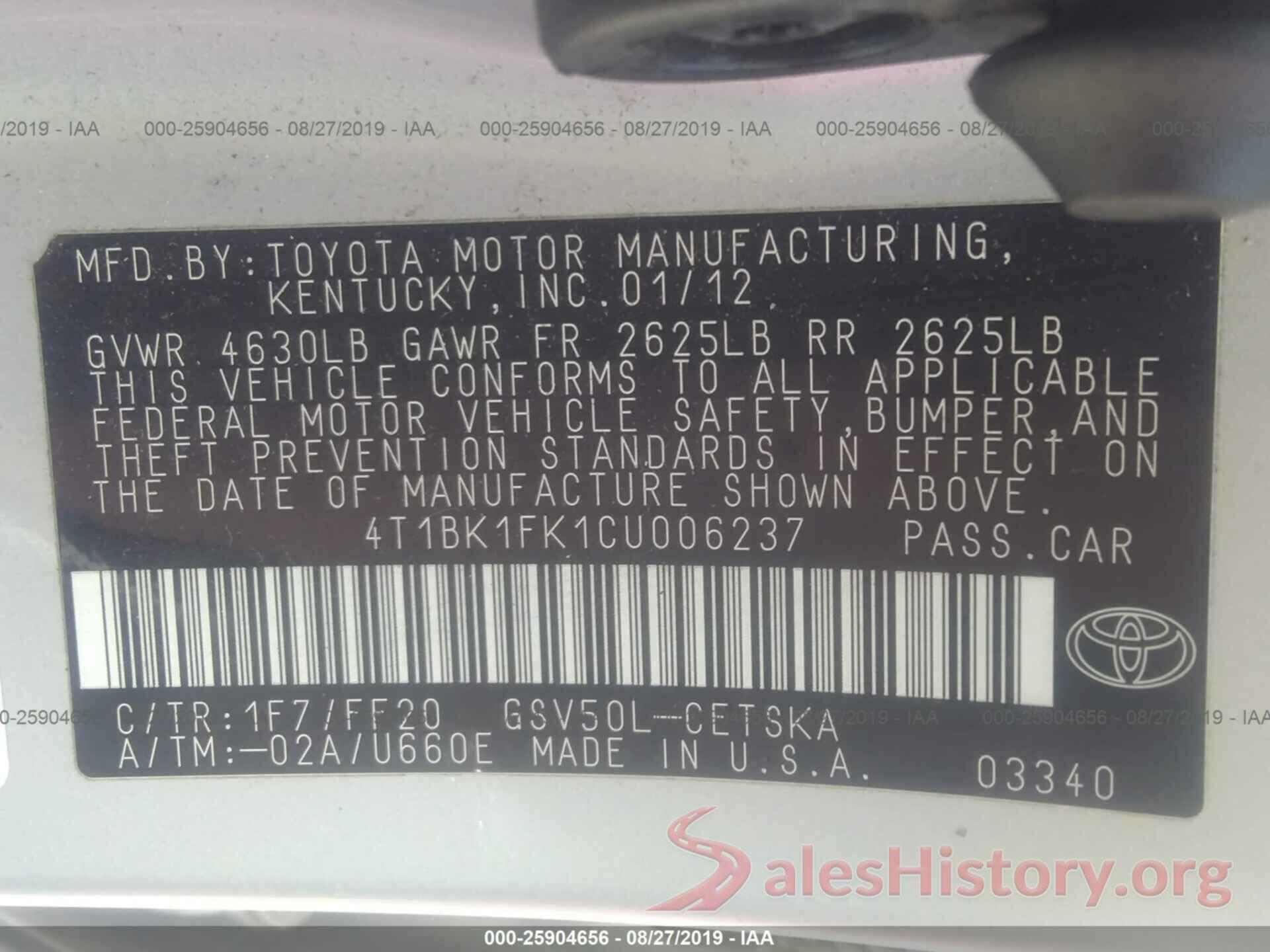 4T1BK1FK1CU006237 2012 TOYOTA CAMRY