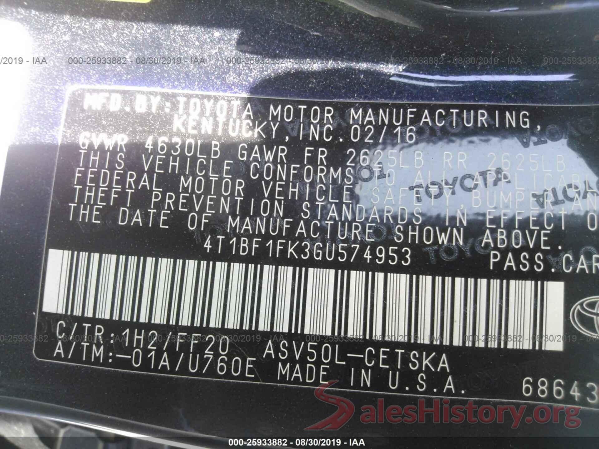 4T1BF1FK3GU574953 2016 TOYOTA CAMRY