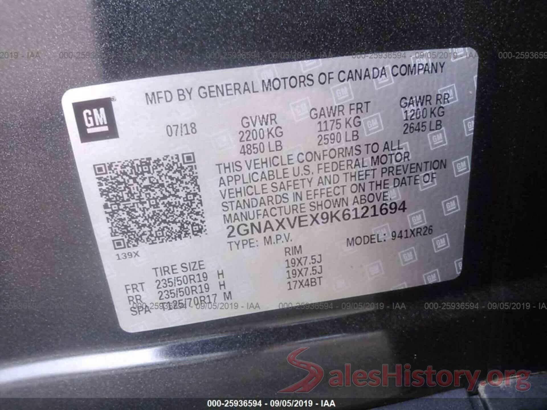 2GNAXVEX9K6121694 2019 CHEVROLET EQUINOX