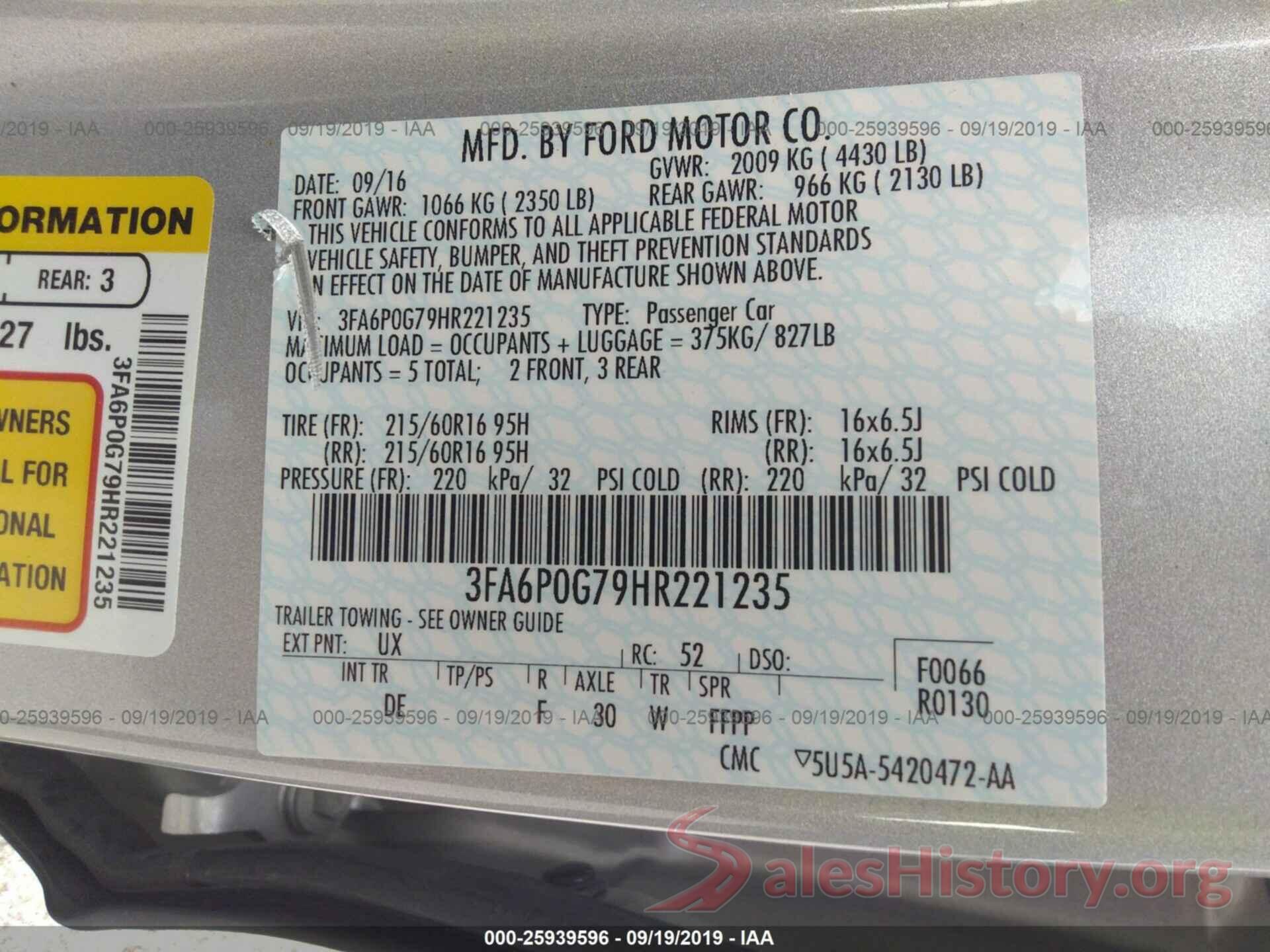 3FA6P0G79HR221235 2017 FORD FUSION