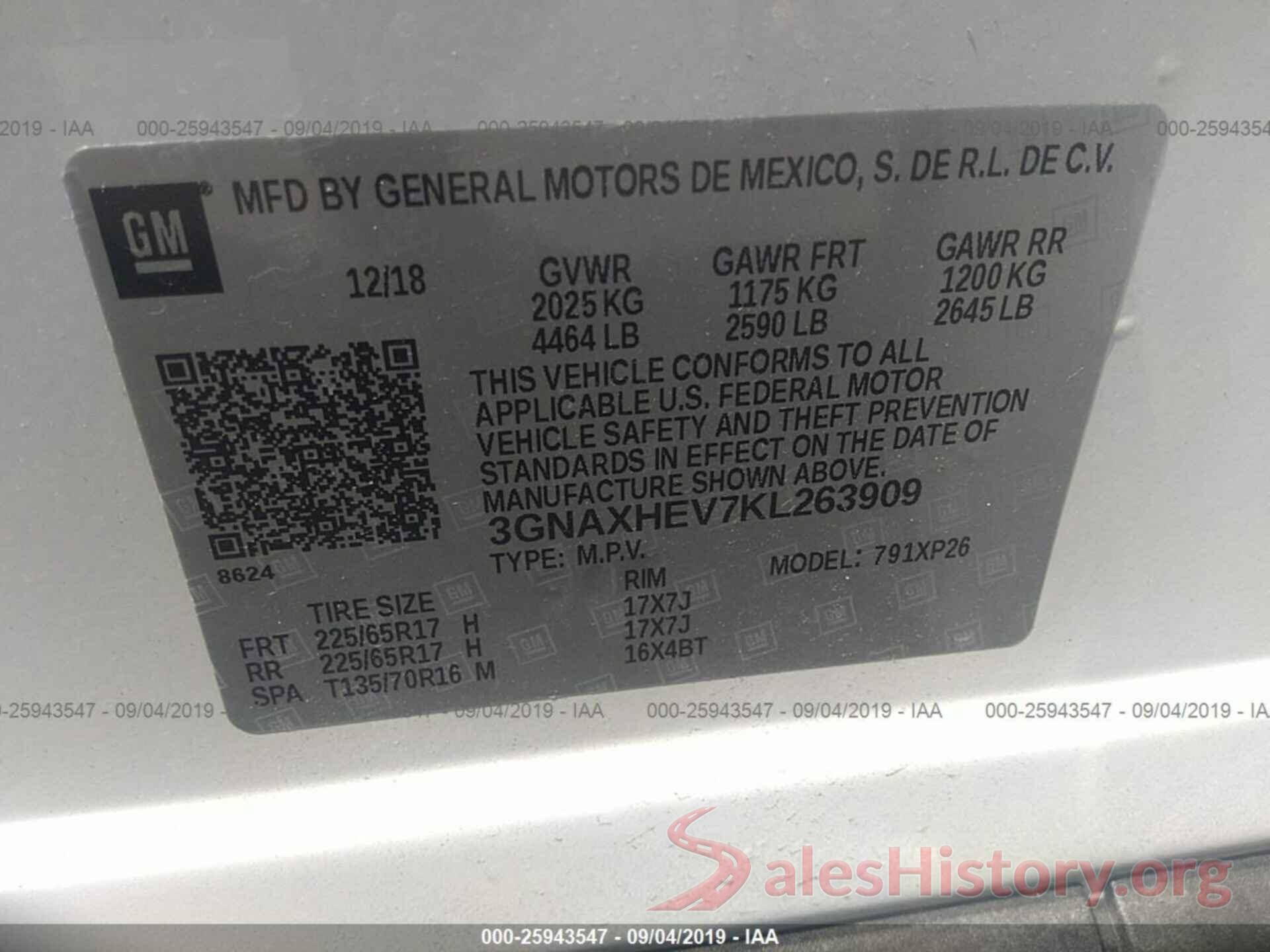 3GNAXHEV7KL263909 2019 CHEVROLET EQUINOX