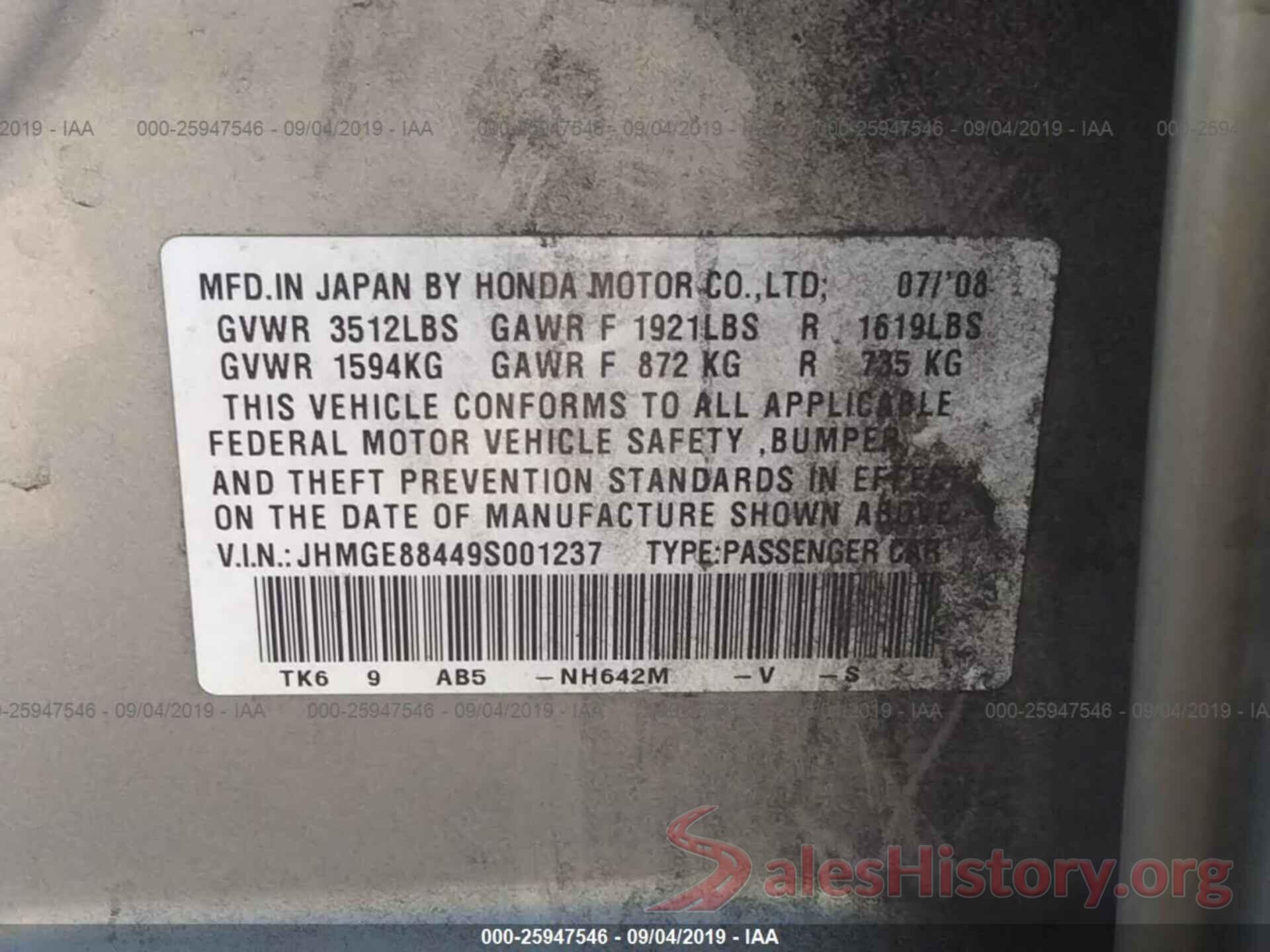 JHMGE88449S001237 2009 HONDA FIT