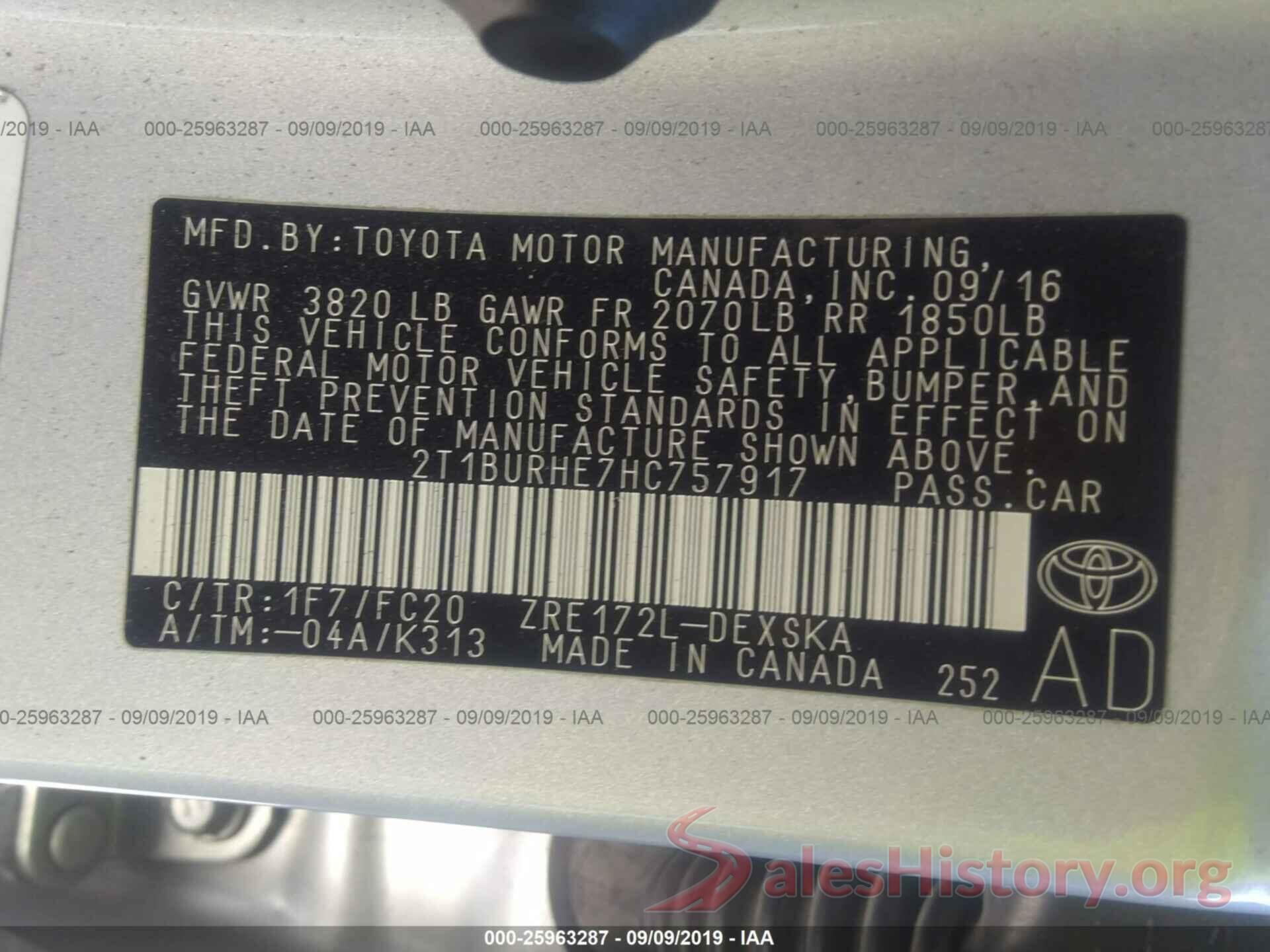 2T1BURHE7HC757917 2017 TOYOTA COROLLA