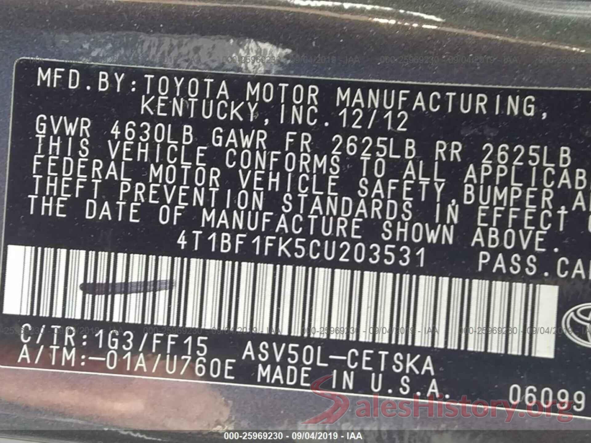 4T1BF1FK5CU203531 2012 TOYOTA CAMRY