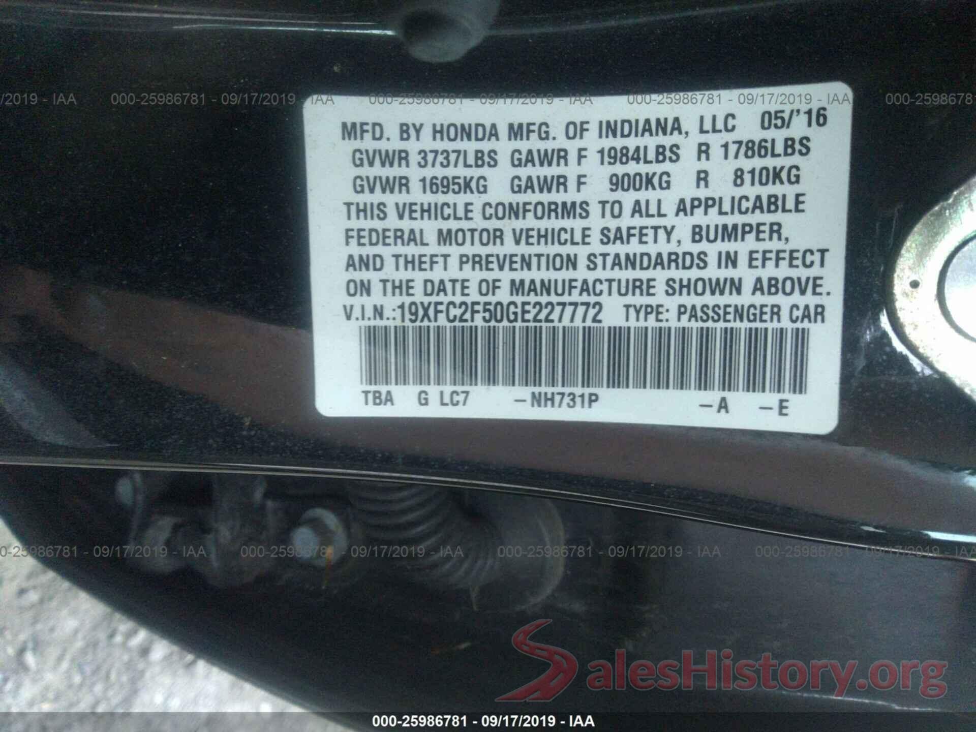 19XFC2F50GE227772 2016 HONDA CIVIC