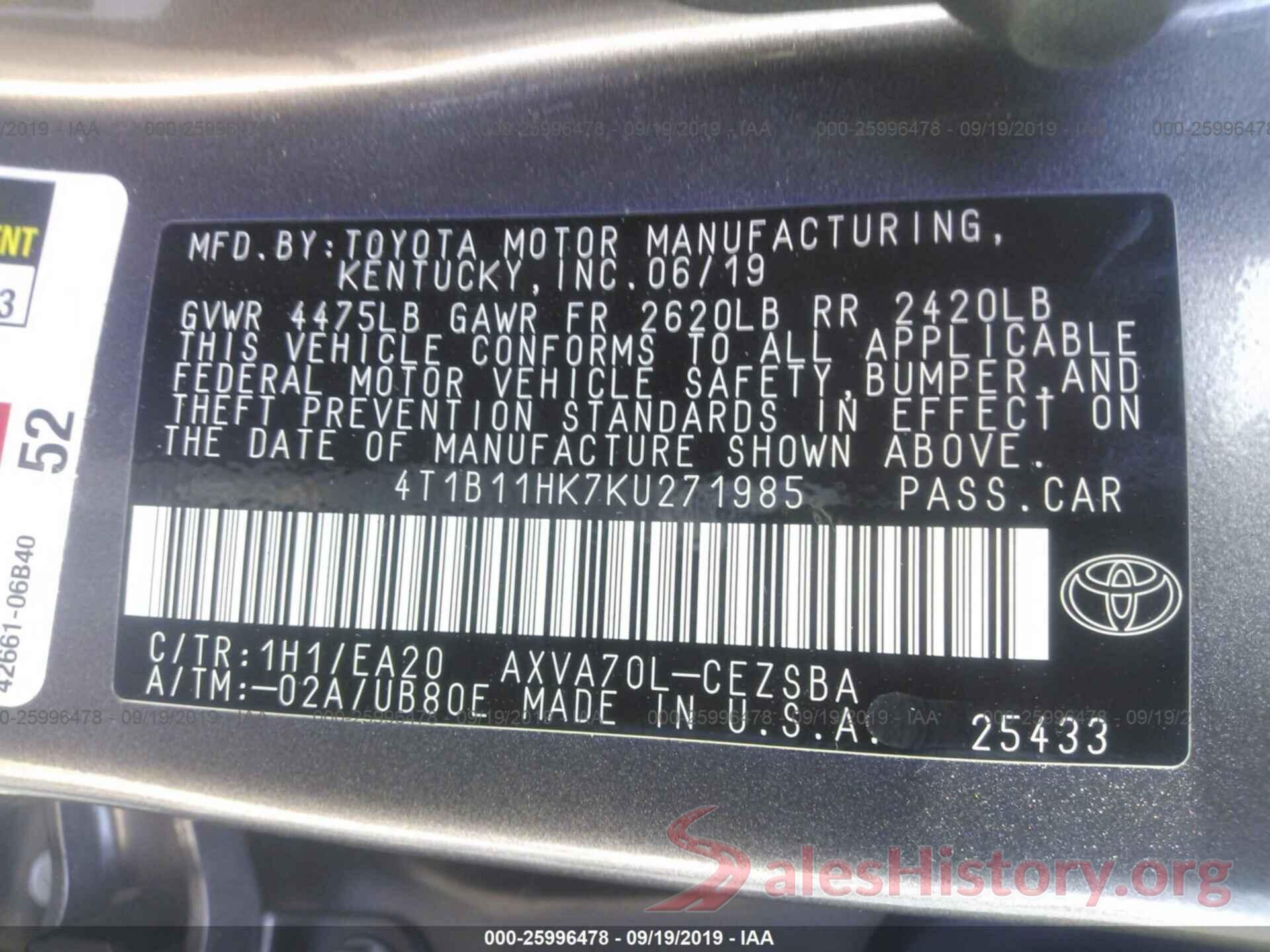 4T1B11HK7KU271985 2019 TOYOTA CAMRY