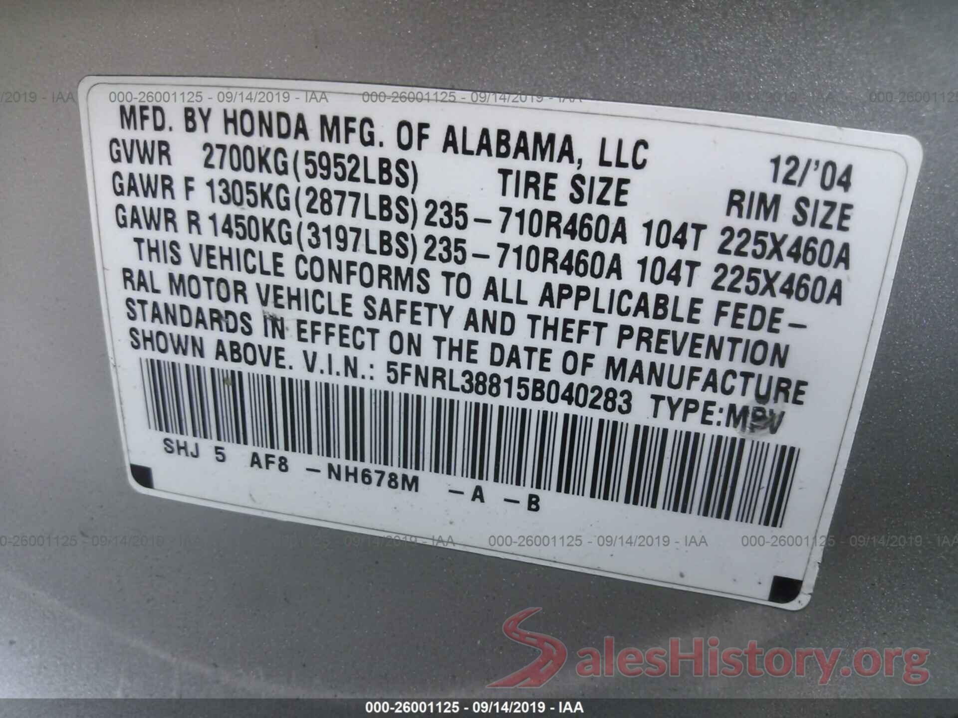 5FNRL38815B040283 2005 HONDA ODYSSEY