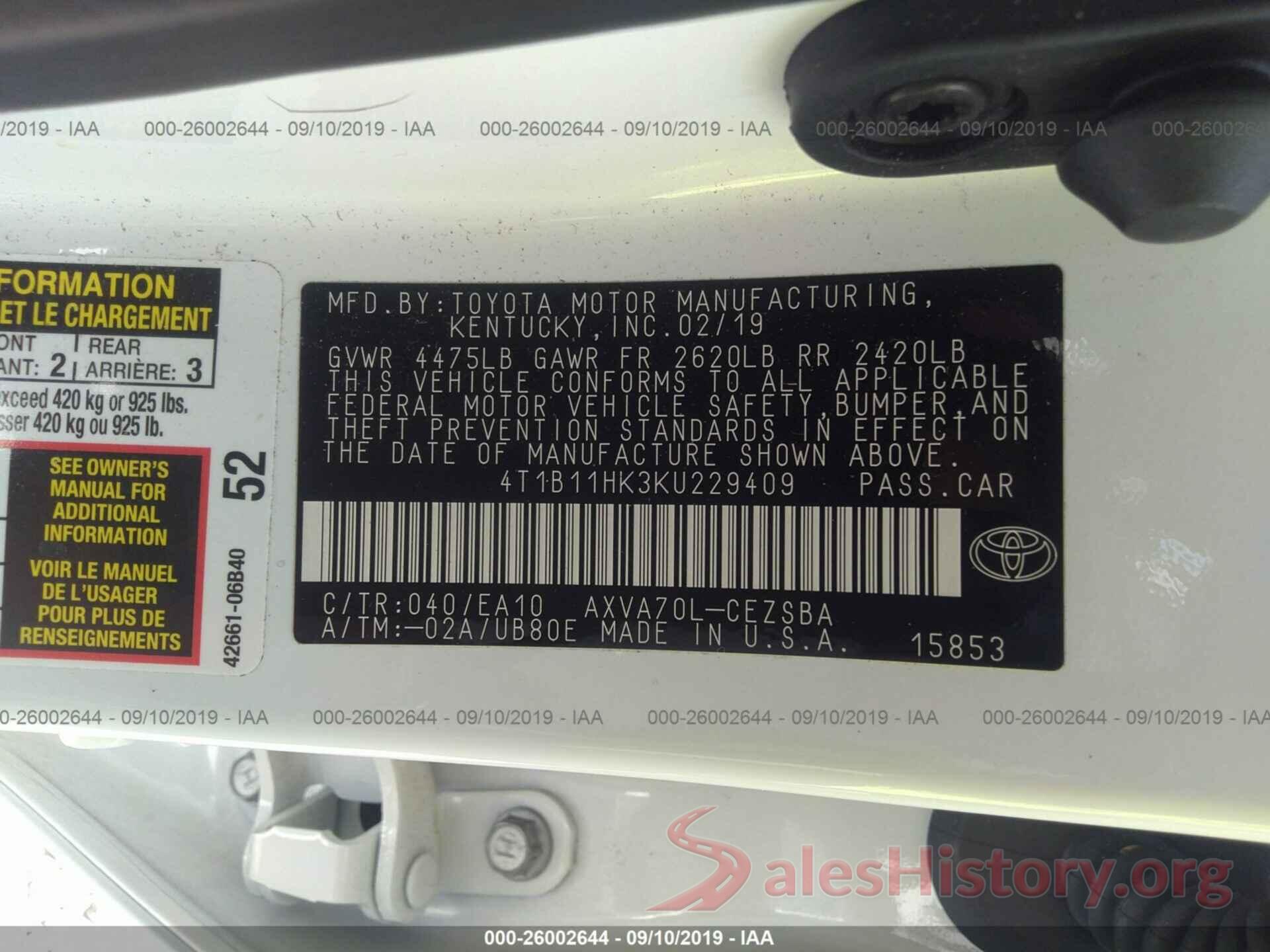 4T1B11HK3KU229409 2019 TOYOTA CAMRY