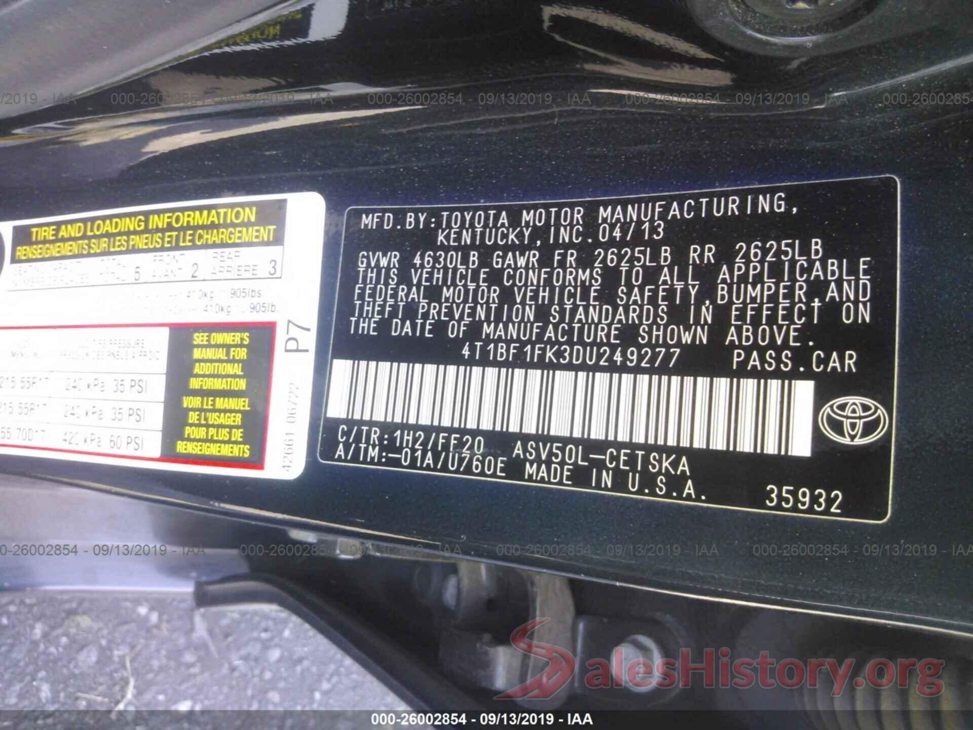 4T1BF1FK3DU249277 2013 TOYOTA CAMRY