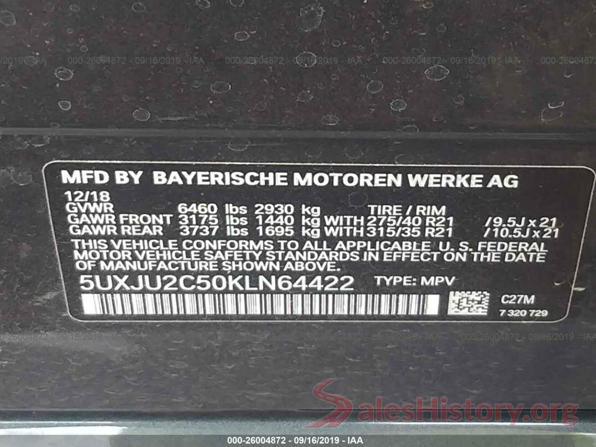 5UXJU2C50KLN64422 2019 BMW X5