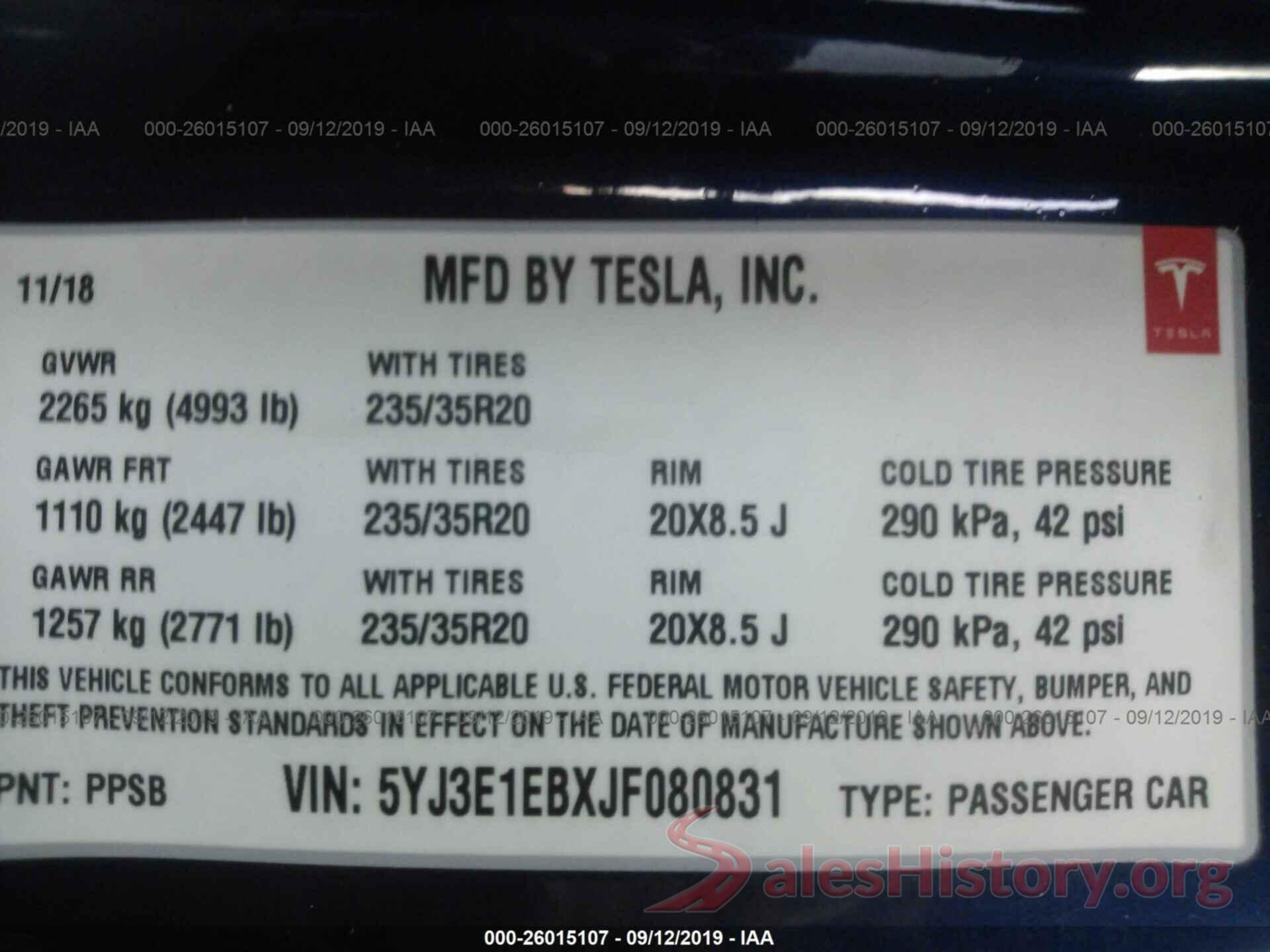 5YJ3E1EBXJF080831 2018 TESLA MODEL 3