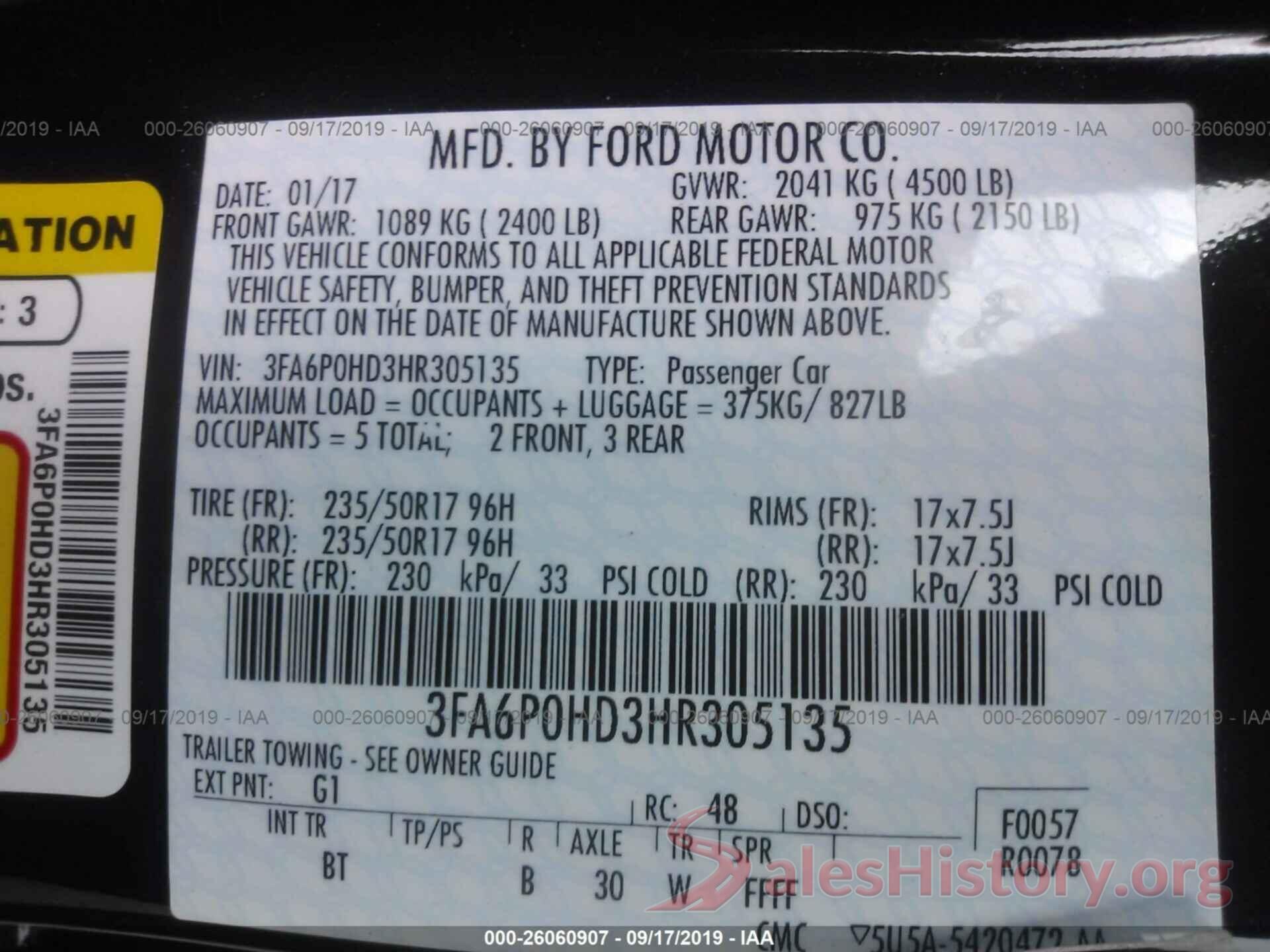 3FA6P0HD3HR305135 2017 FORD FUSION