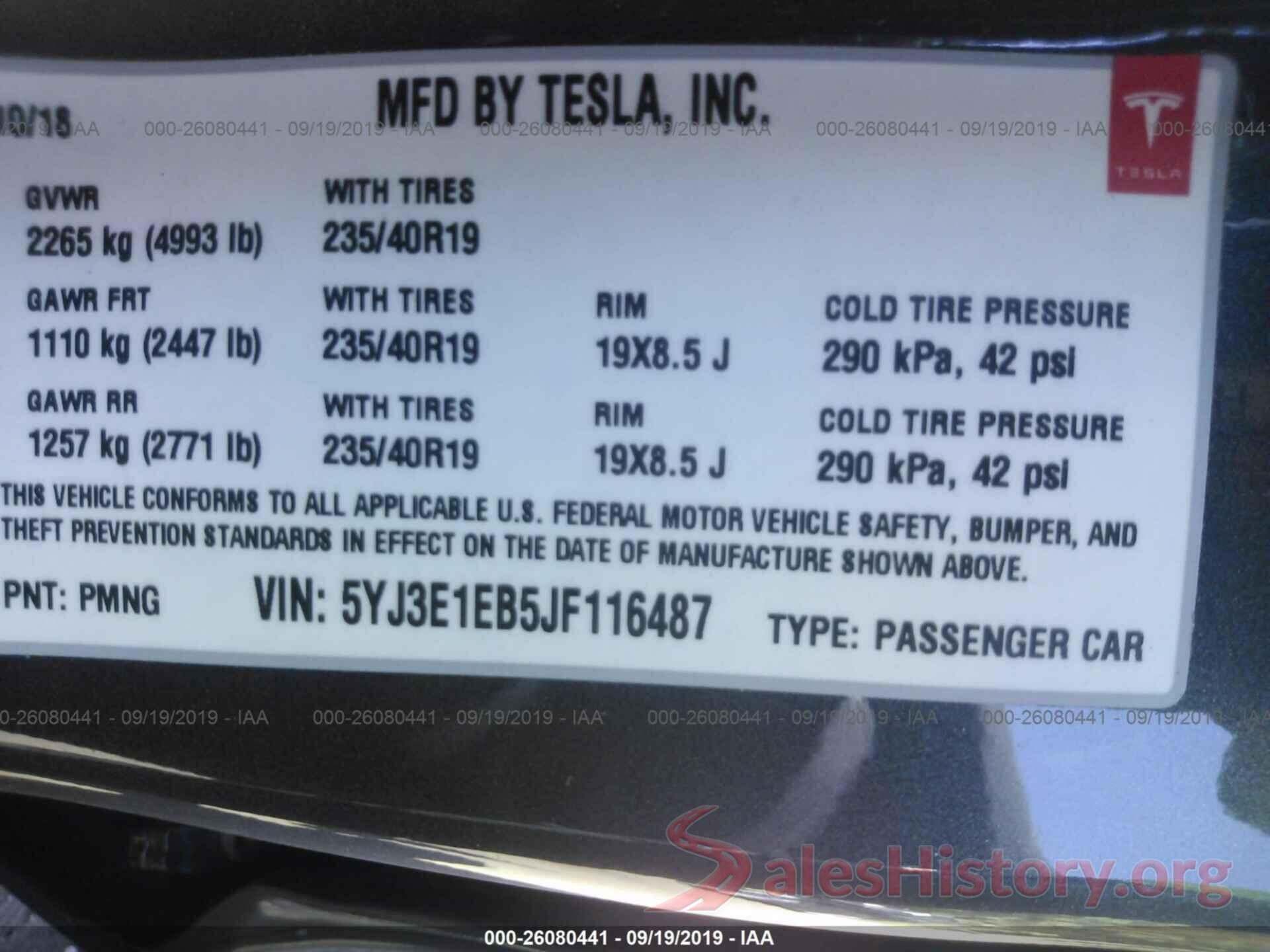 5YJ3E1EB5JF116487 2018 TESLA MODEL 3