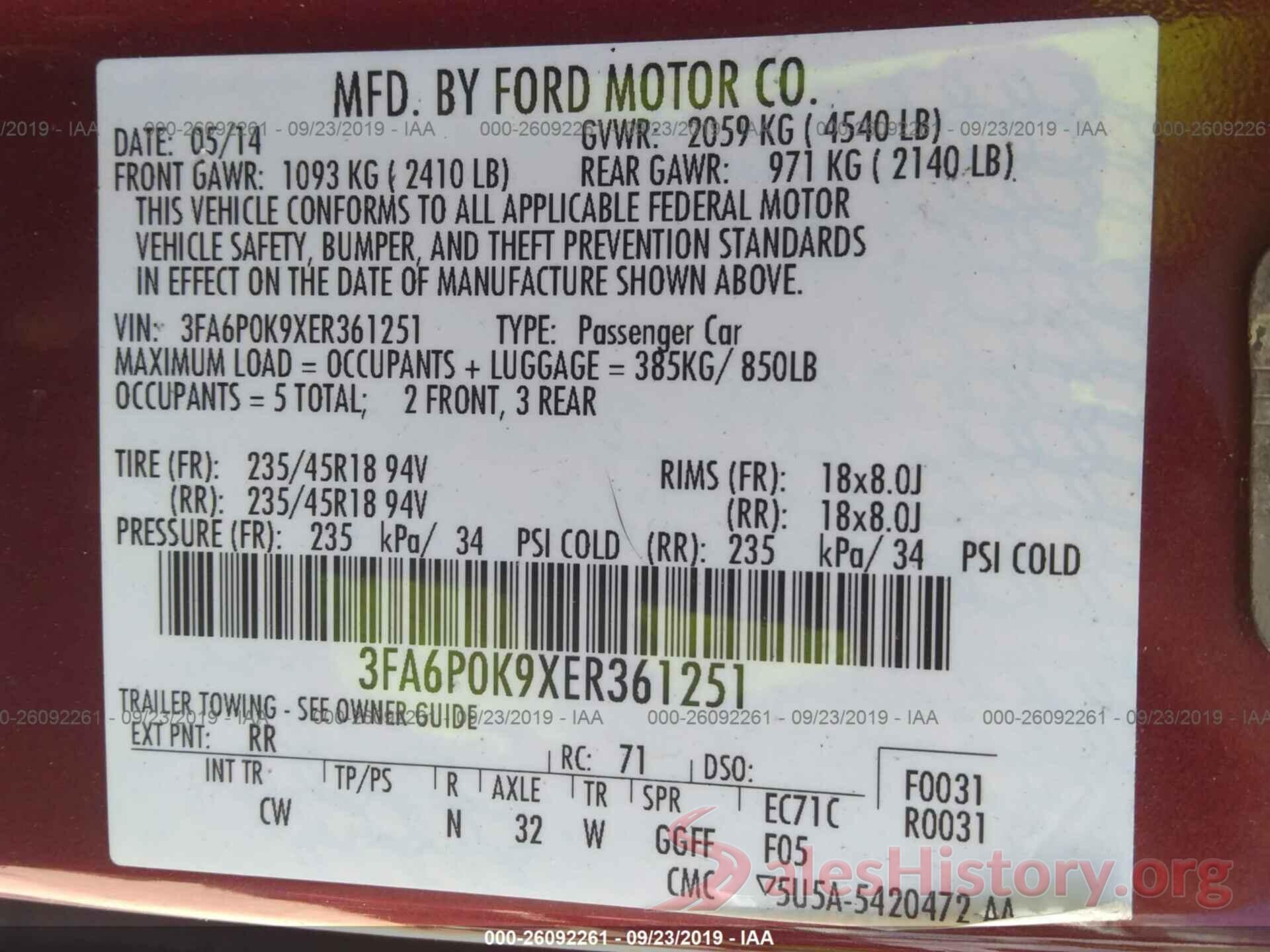 3FA6P0K9XER361251 2014 FORD FUSION