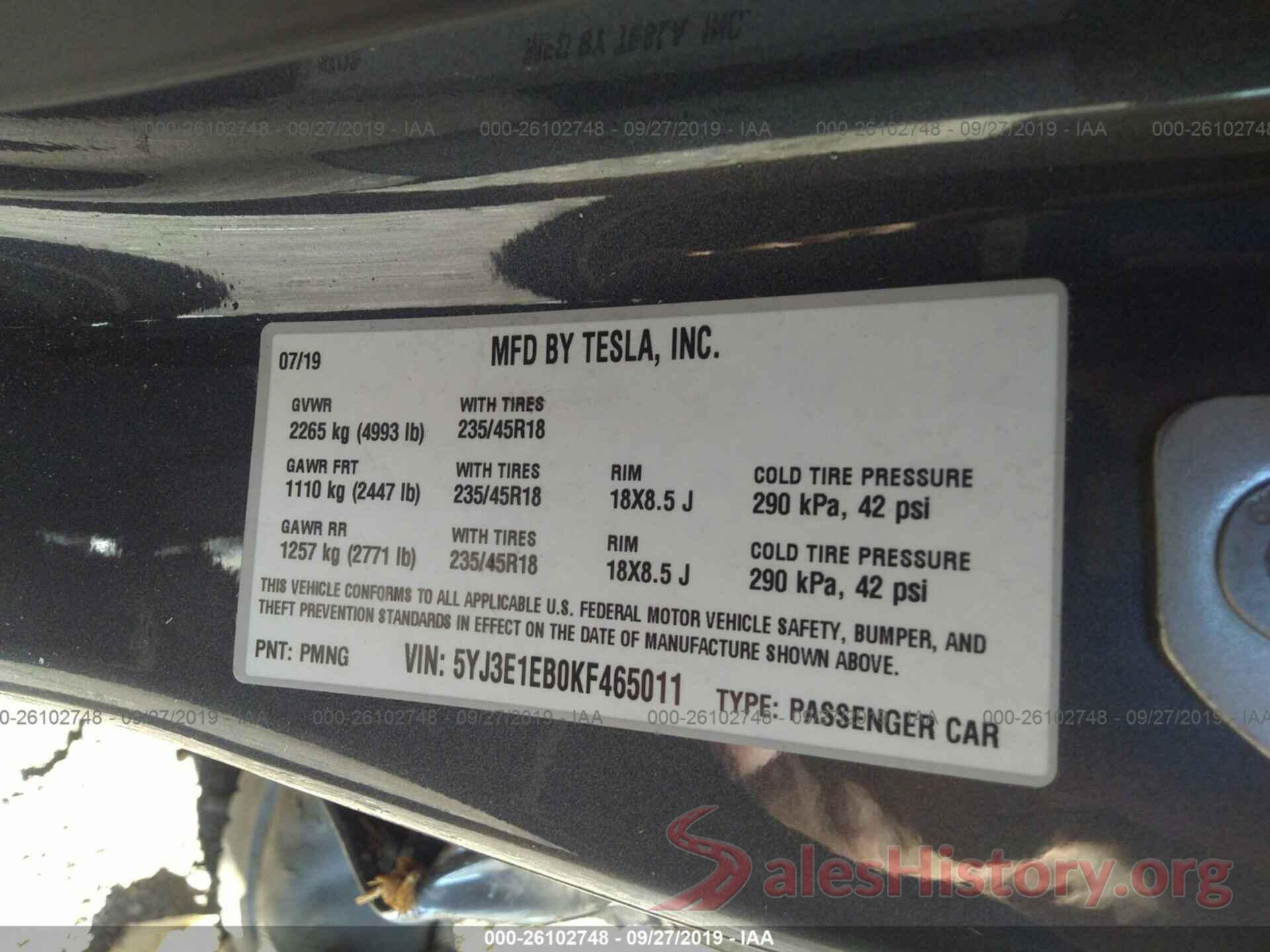 5YJ3E1EB0KF465011 2019 TESLA MODEL 3