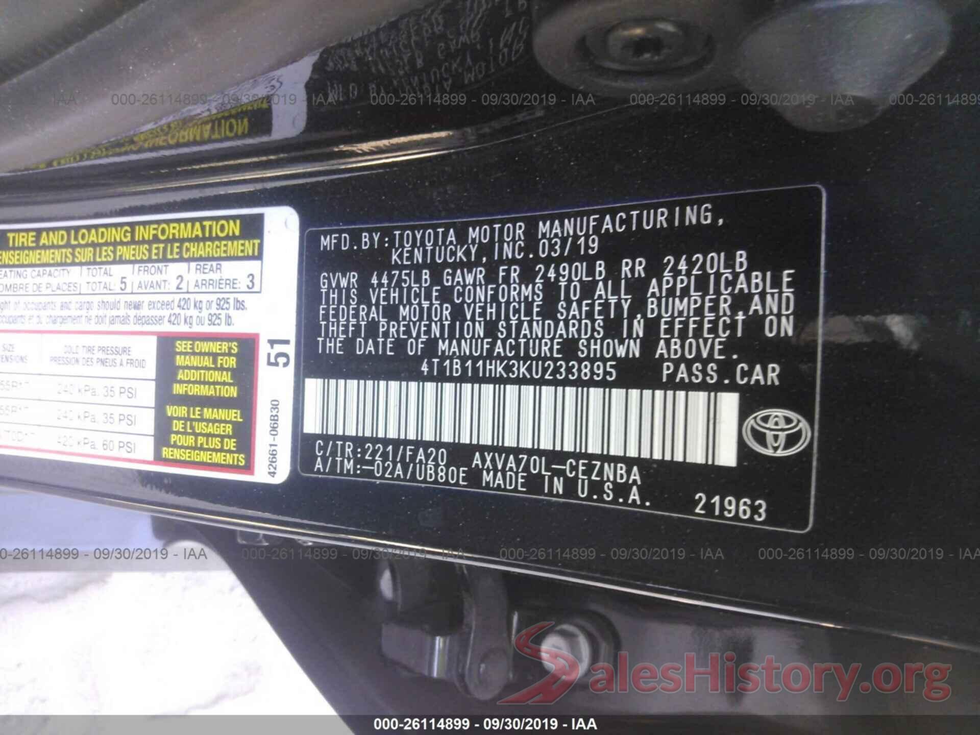 4T1B11HK3KU233895 2019 TOYOTA CAMRY