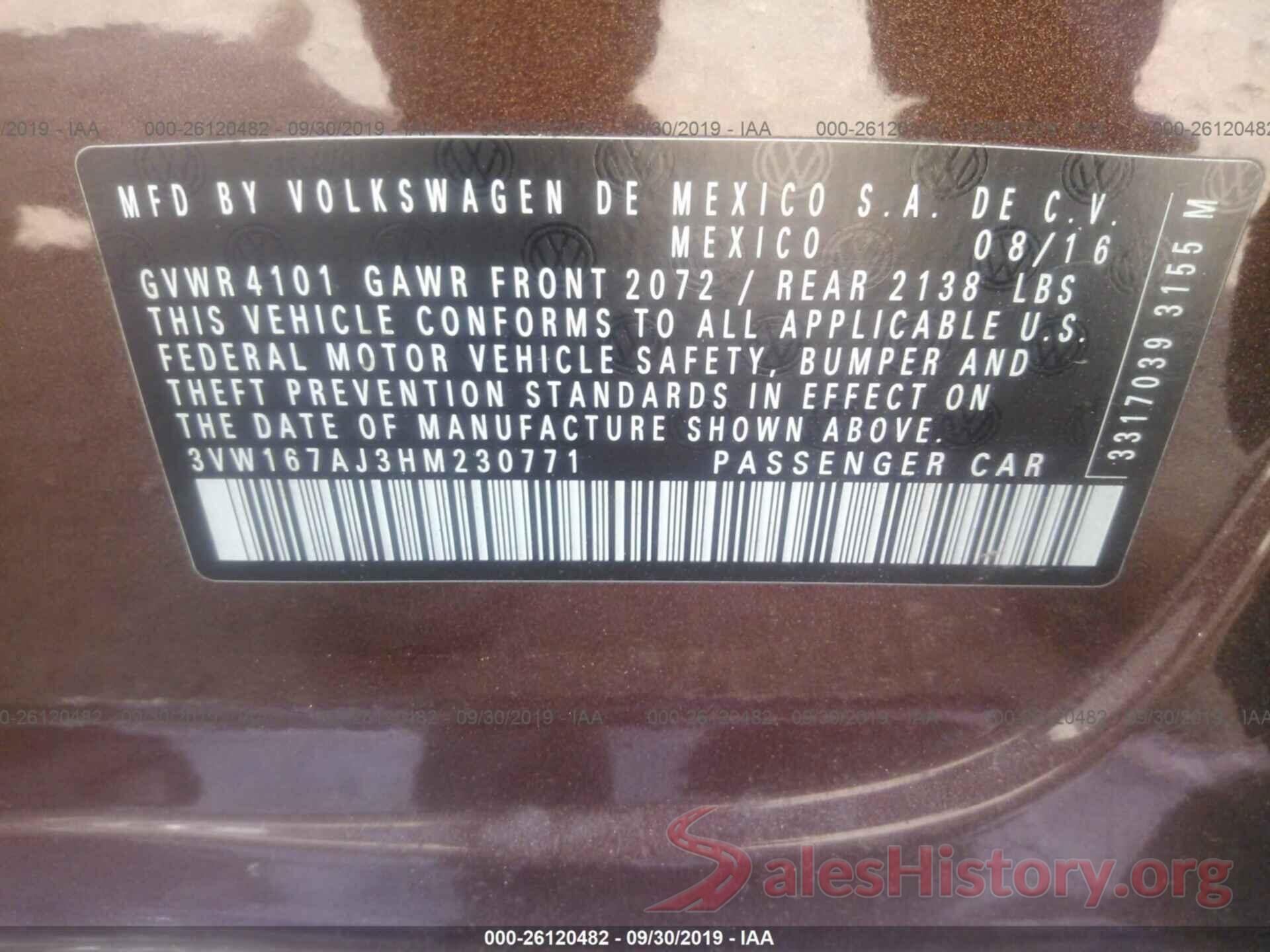 3VW167AJ3HM230771 2017 VOLKSWAGEN JETTA