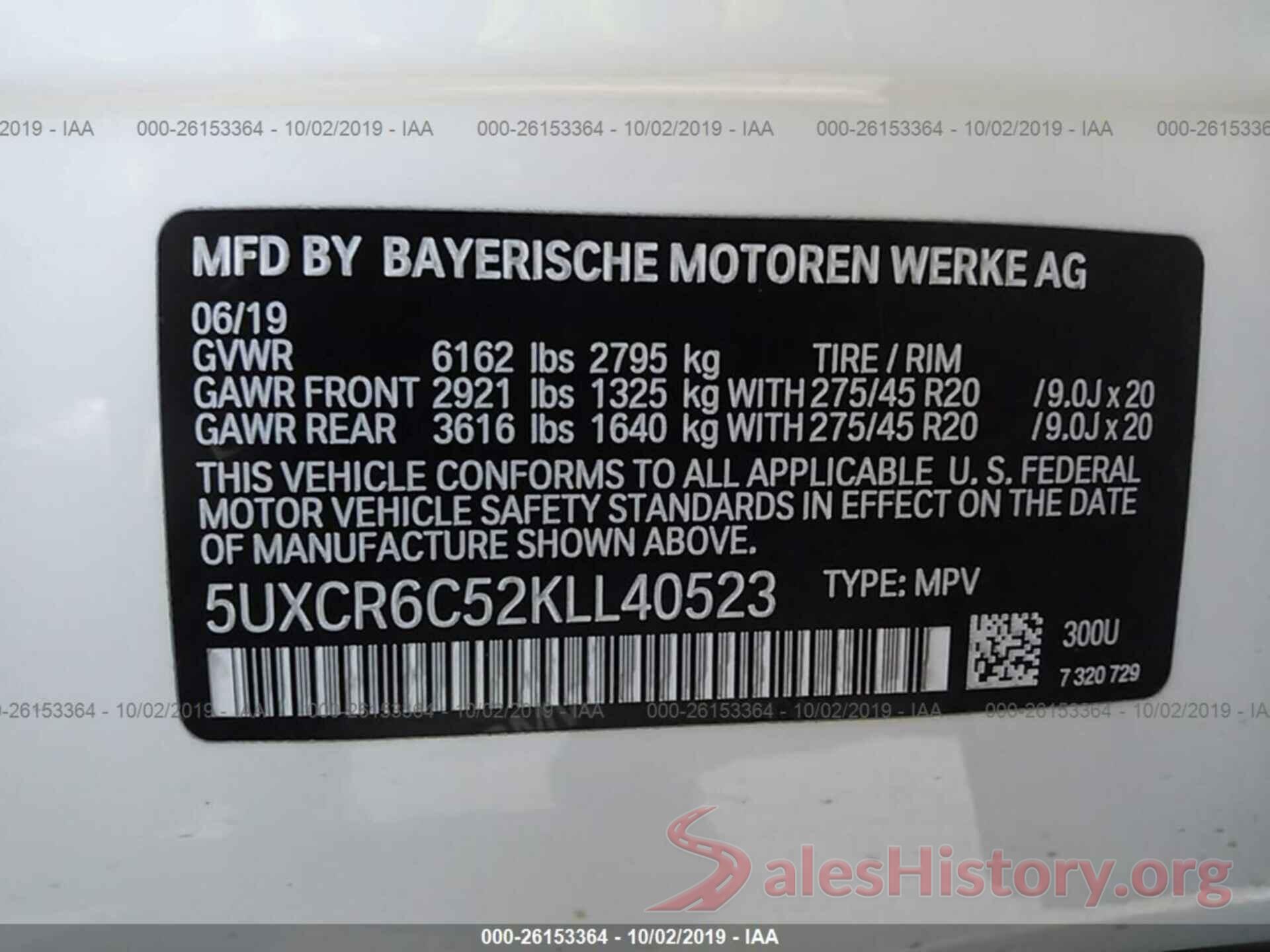 5UXCR6C52KLL40523 2019 BMW X5