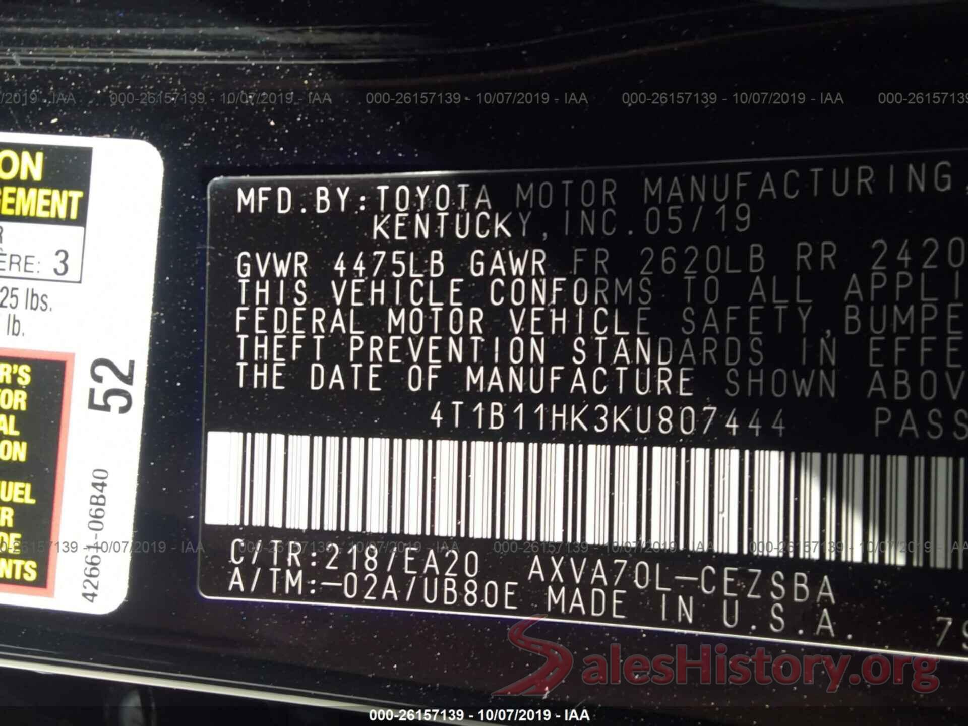 4T1B11HK3KU807444 2019 TOYOTA CAMRY