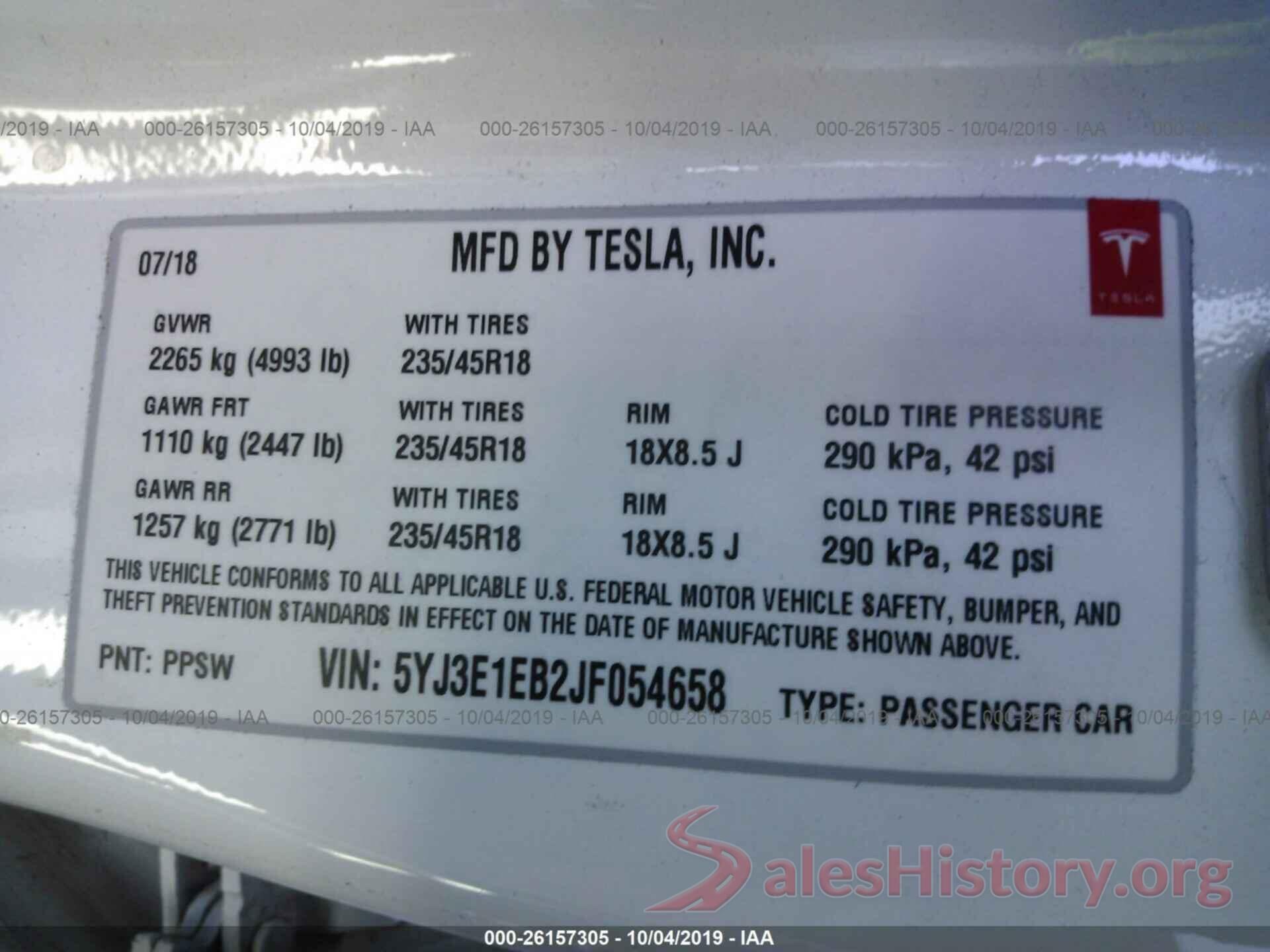 5YJ3E1EB2JF054658 2018 TESLA MODEL 3