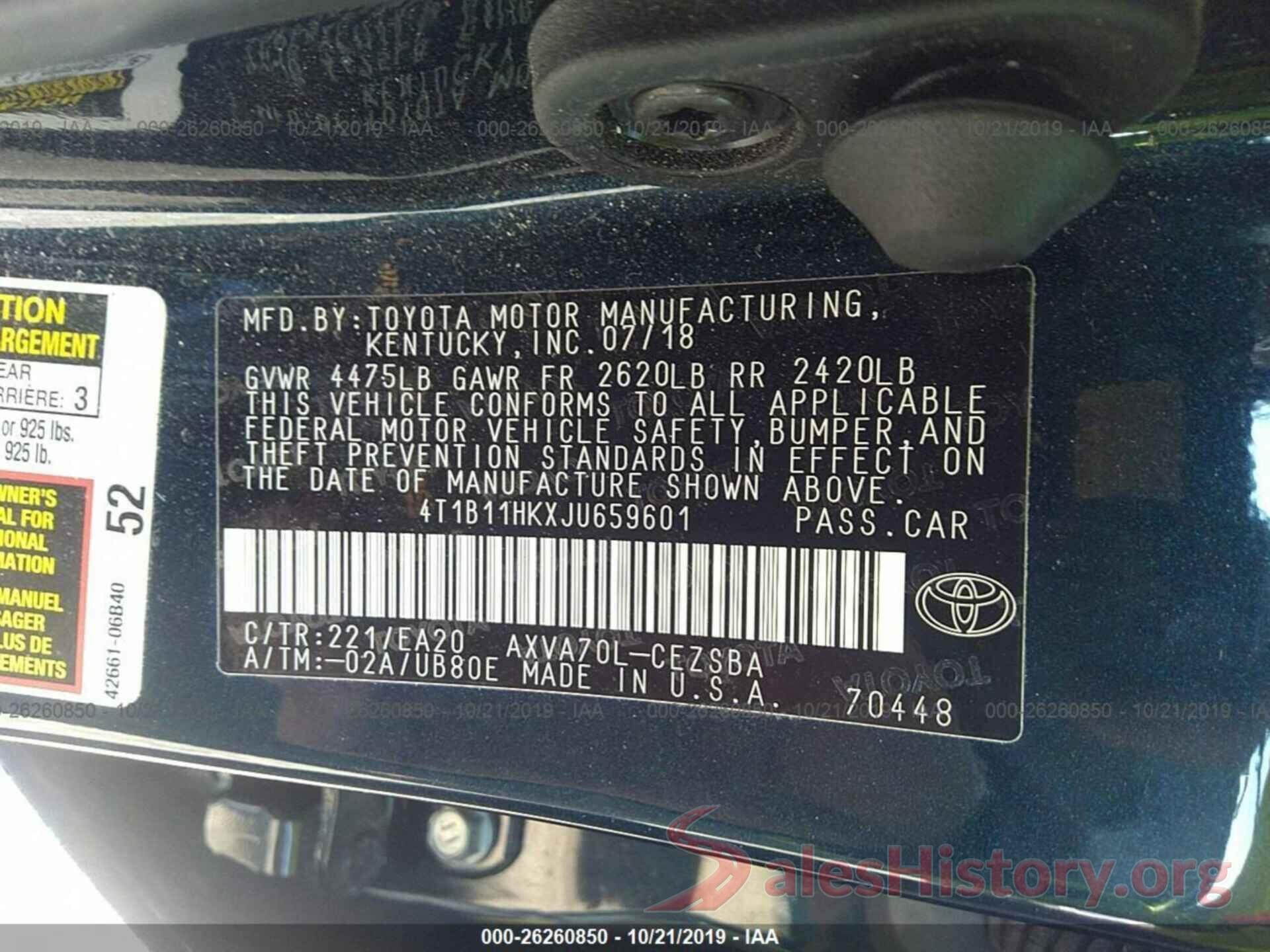 4T1B11HKXJU659601 2018 Toyota Camry