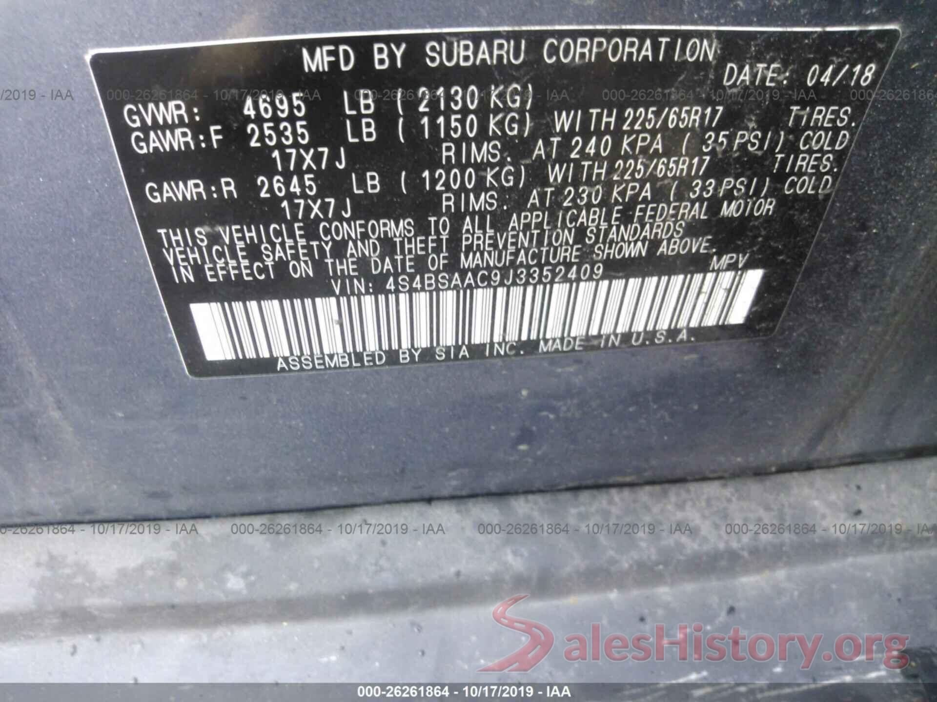 4S4BSAAC9J3352409 2018 SUBARU OUTBACK