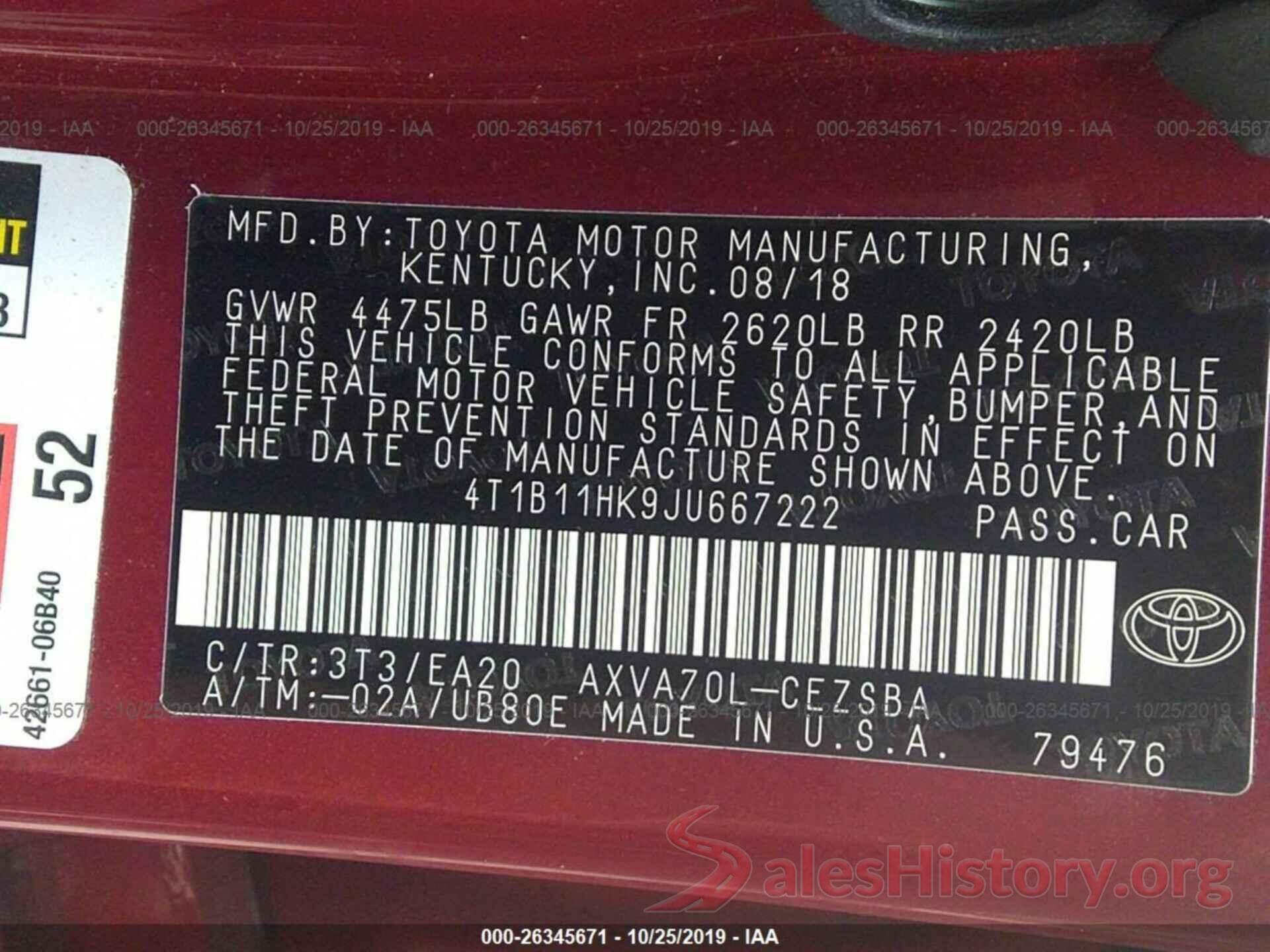 4T1B11HK9JU667222 2018 TOYOTA CAMRY