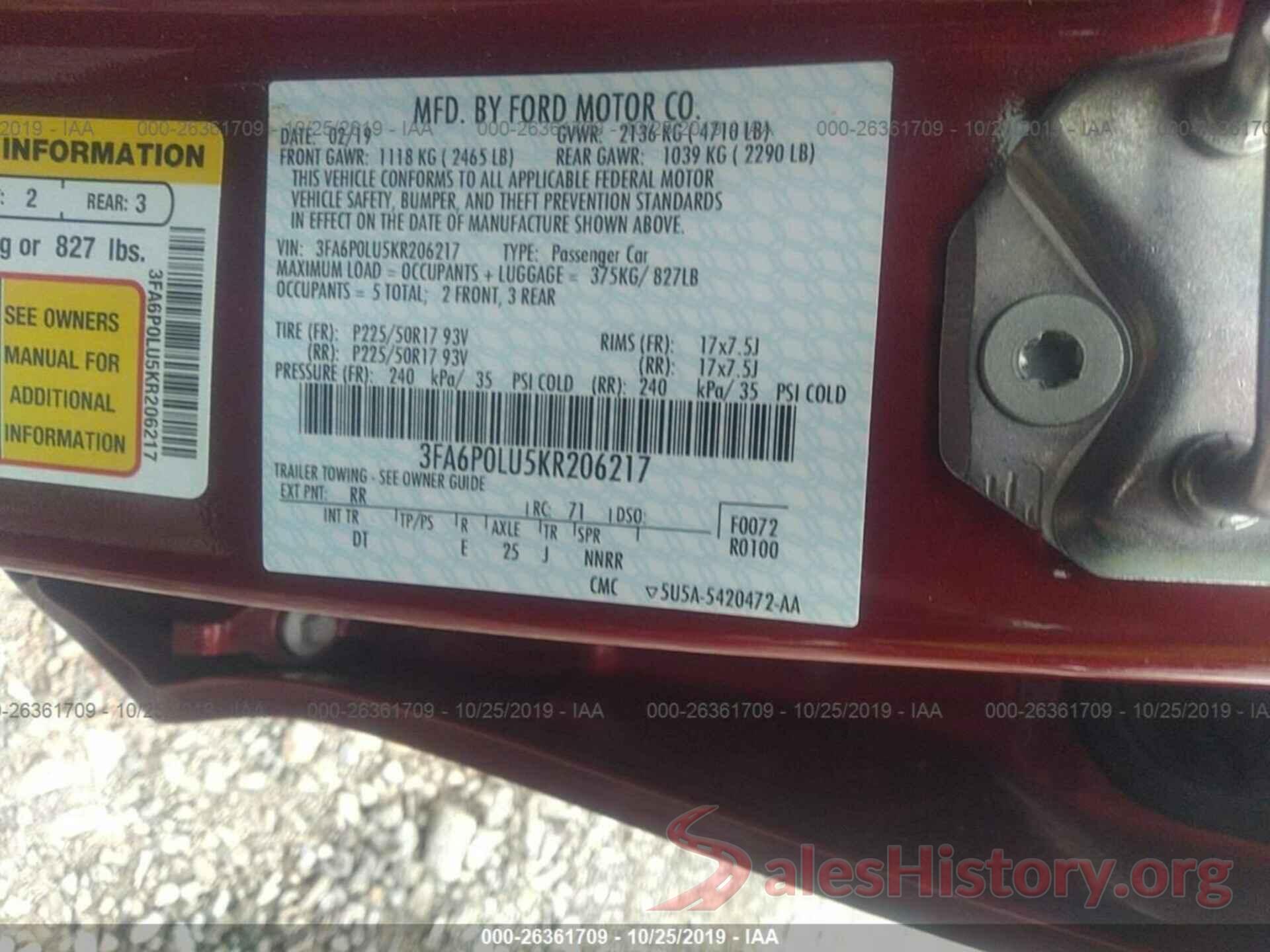 3FA6P0LU5KR206217 2019 FORD FUSION