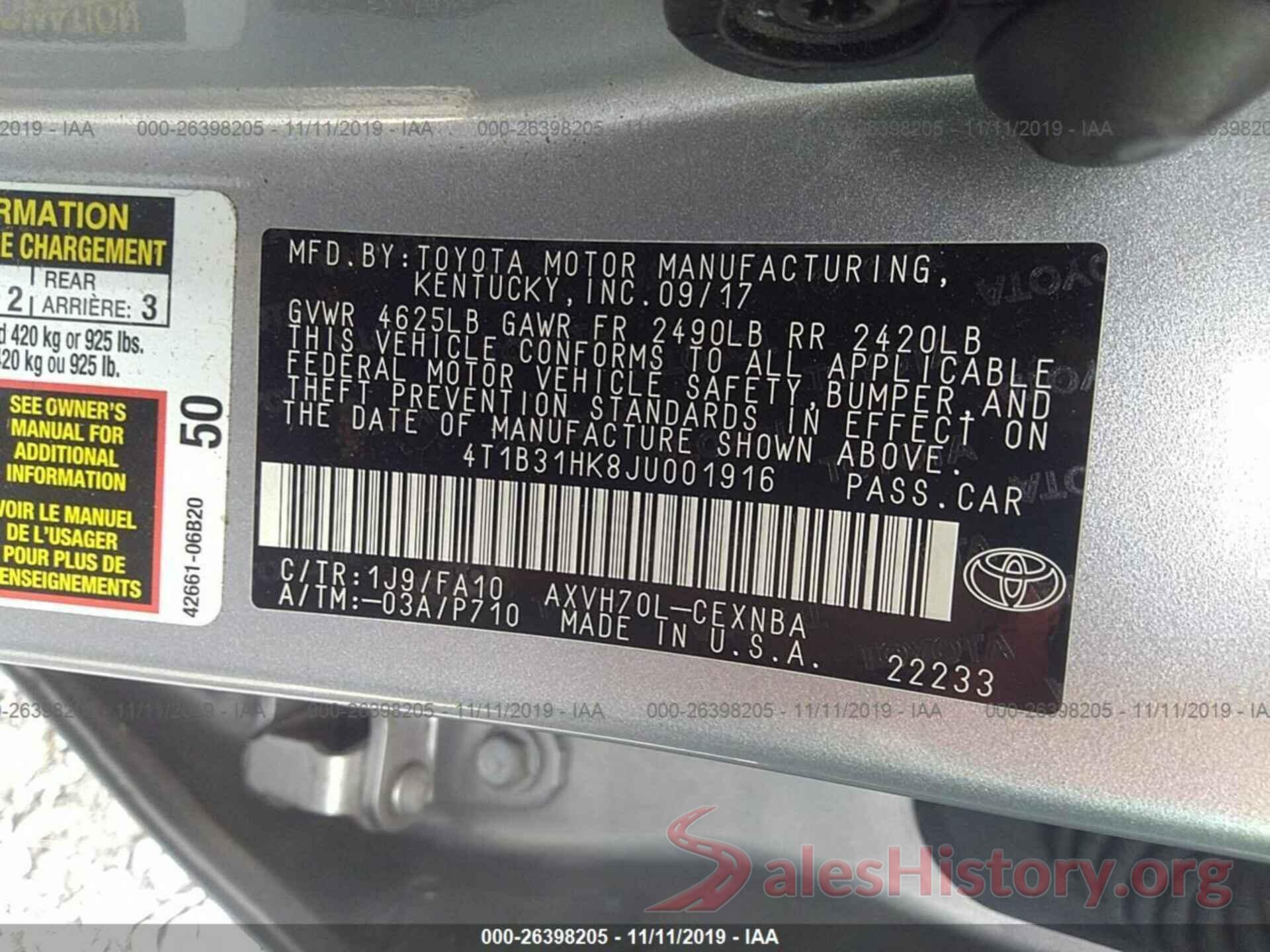 4T1B31HK8JU001916 2018 Toyota Camry