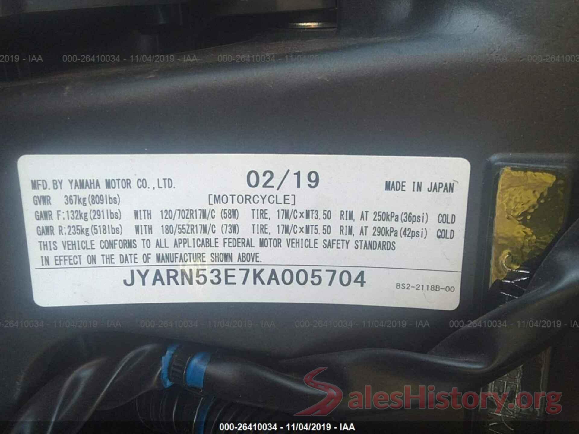 JYARN53E7KA005704 2019 YAMAHA MT09