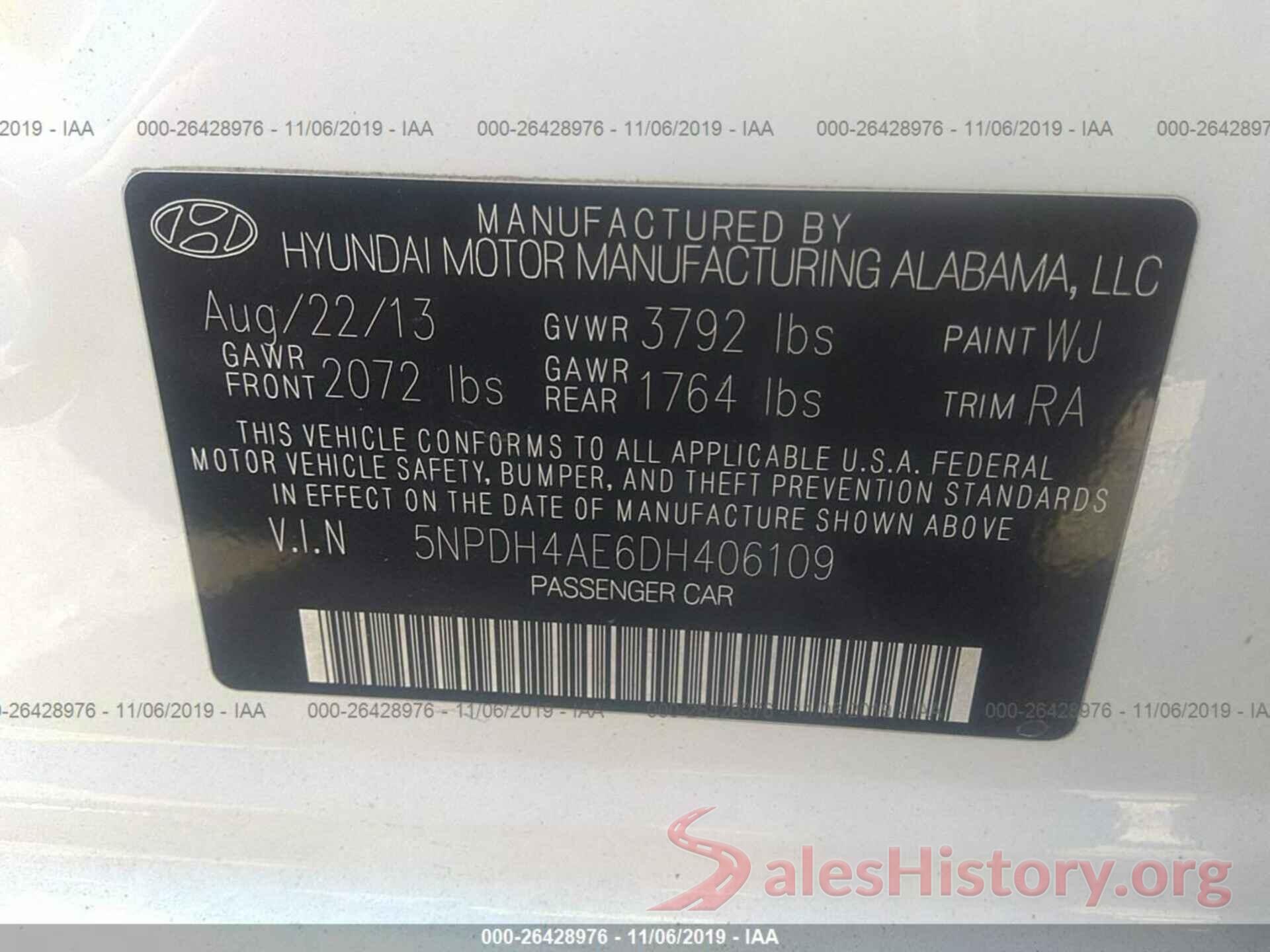 5NPDH4AE6DH406109 2013 HYUNDAI ELANTRA