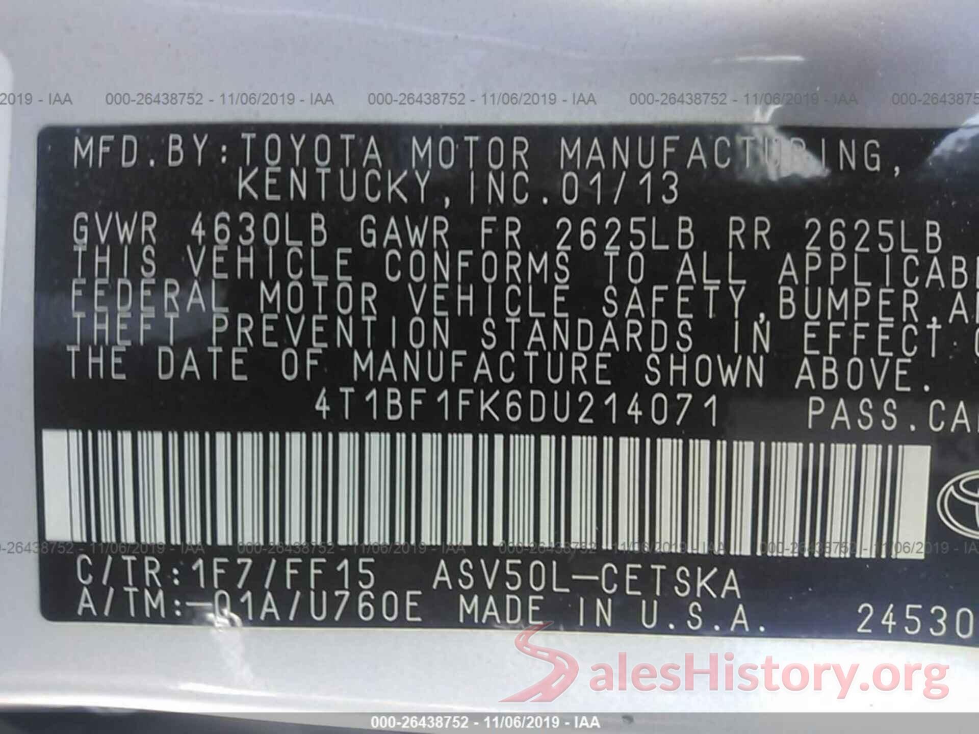 4T1BF1FK6DU214071 2013 TOYOTA CAMRY