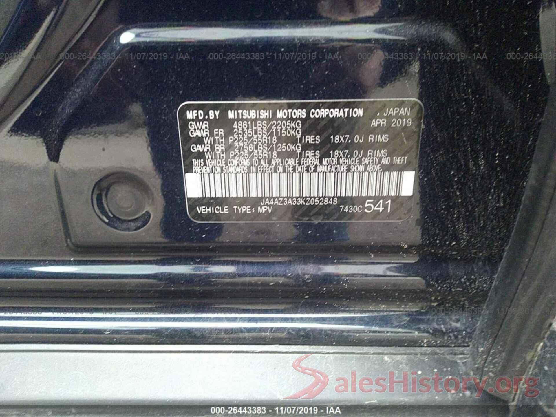 JA4AZ3A33KZ052848 2019 MITSUBISHI OUTLANDER