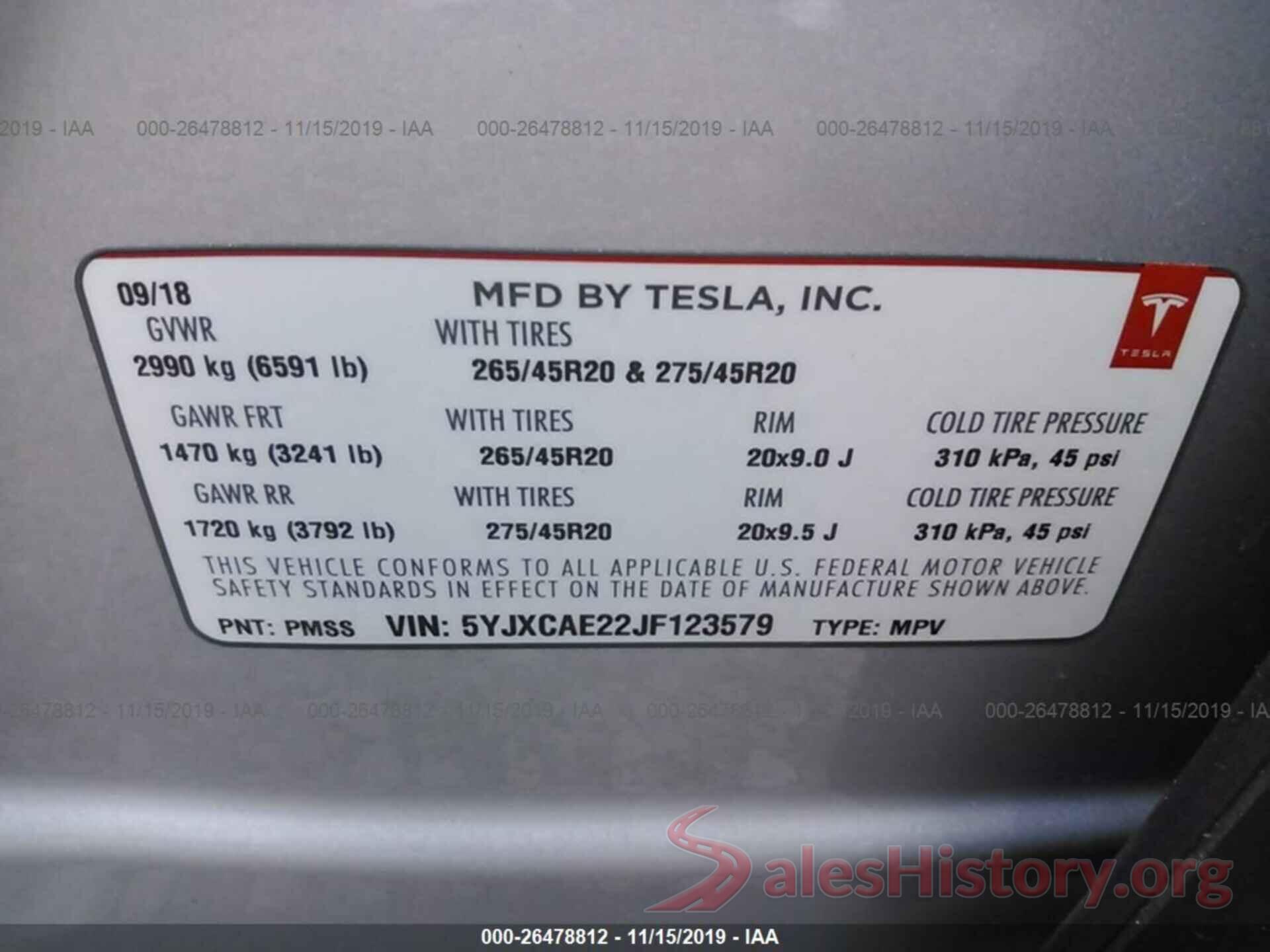 5YJXCAE22JF123579 2018 TESLA MODEL X