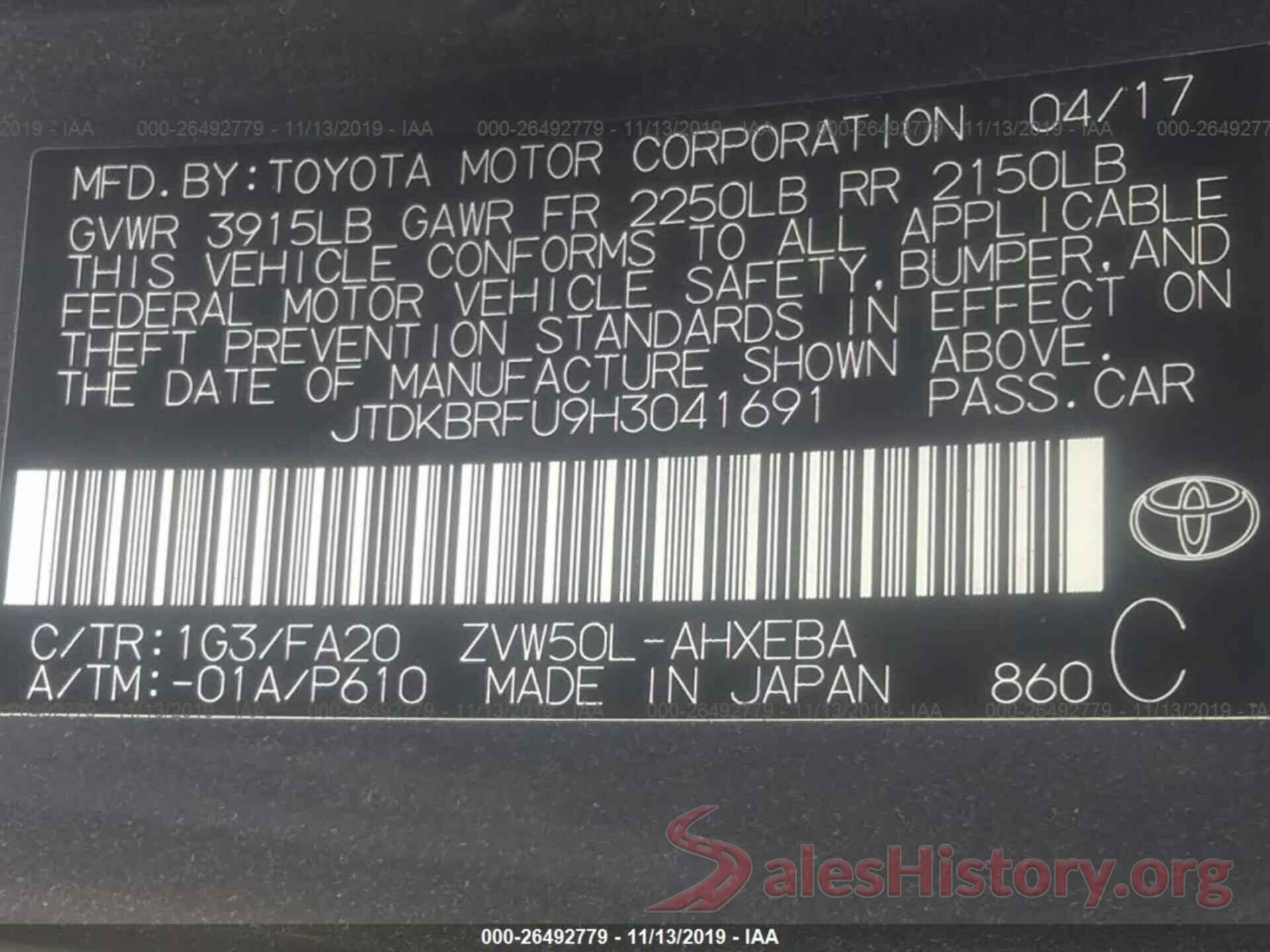 JTDKBRFU9H3041691 2017 Toyota Prius