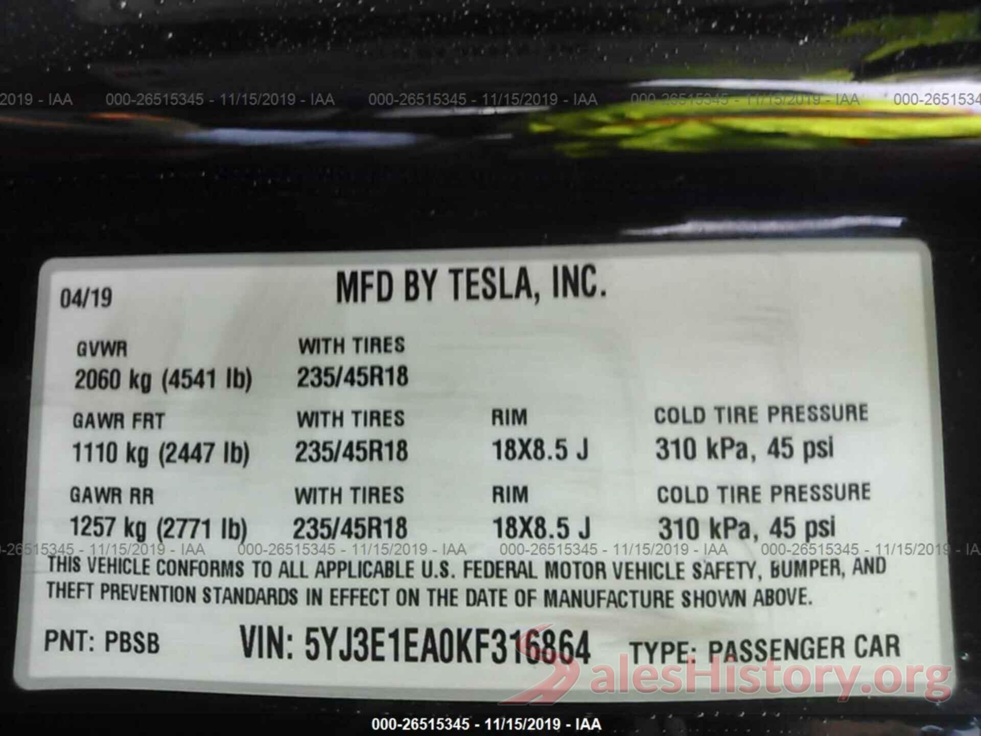 5YJ3E1EA0KF316864 2019 TESLA MODEL 3