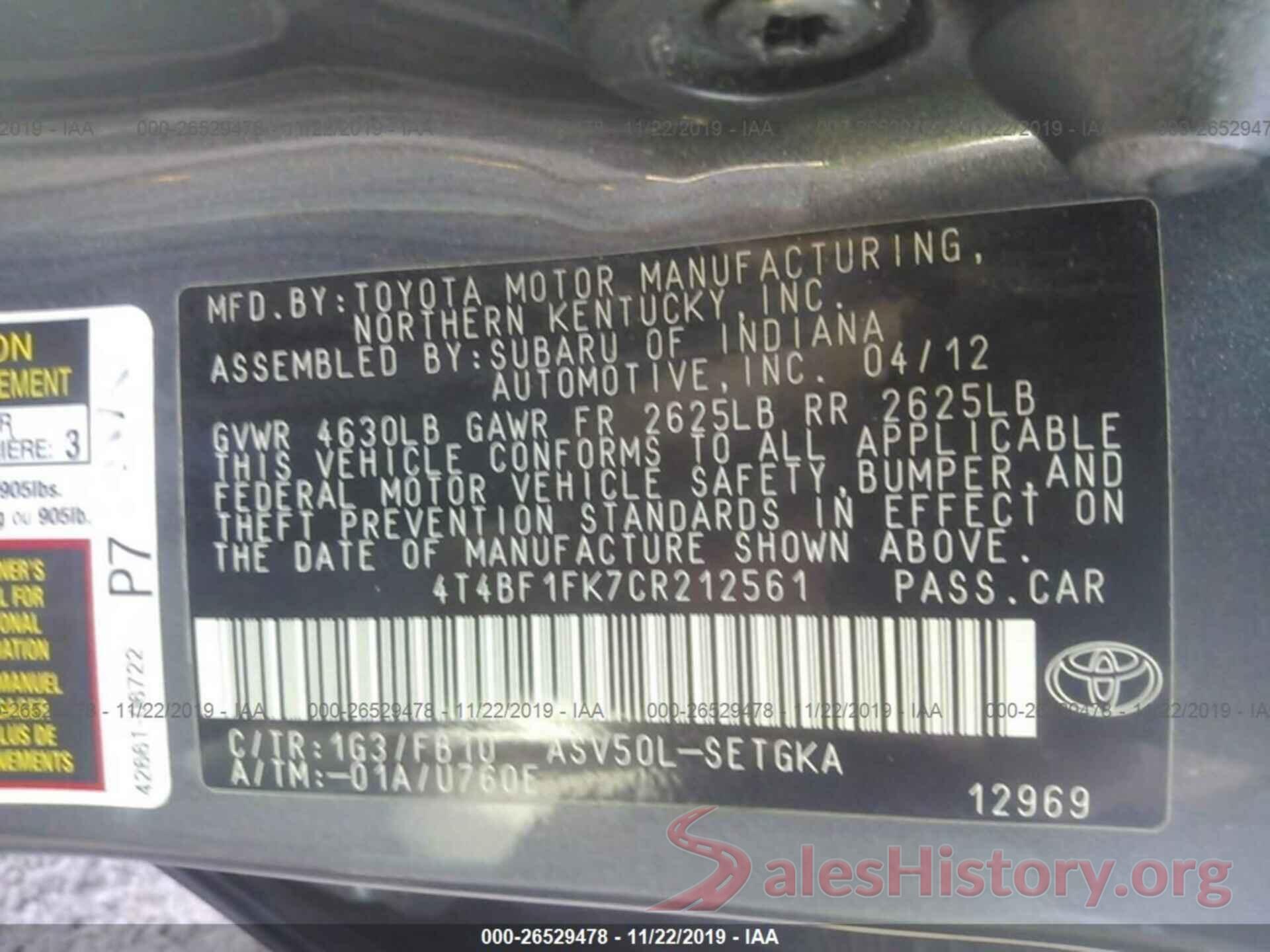 4T4BF1FK7CR212561 2012 TOYOTA CAMRY