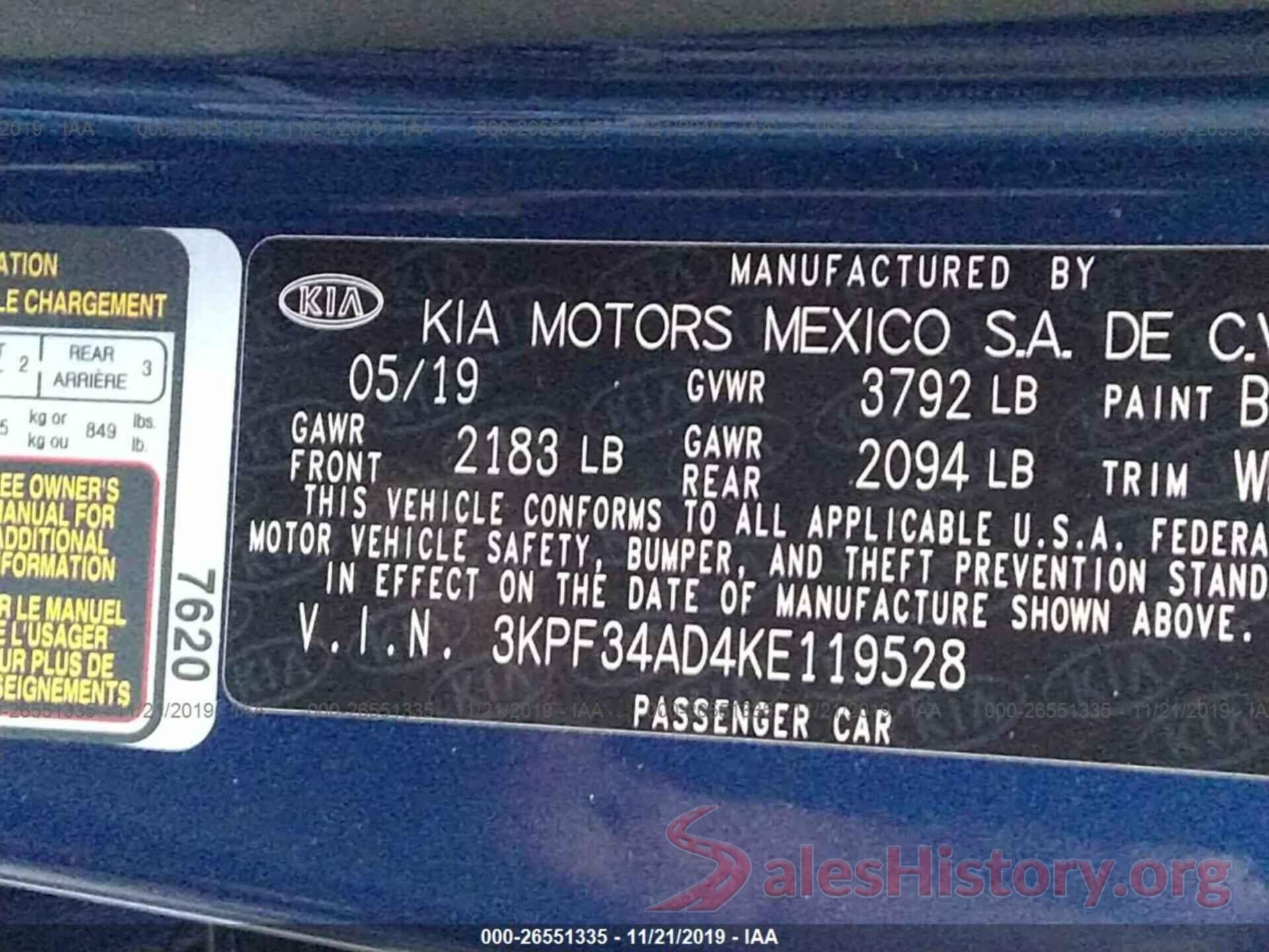 3KPF34AD4KE119528 2019 KIA FORTE