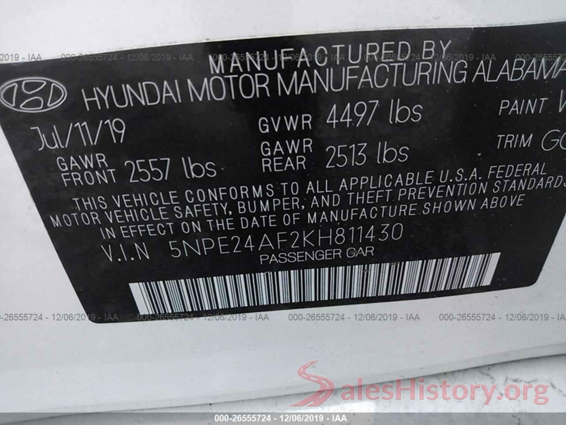 5NPE24AF2KH811430 2019 HYUNDAI SONATA