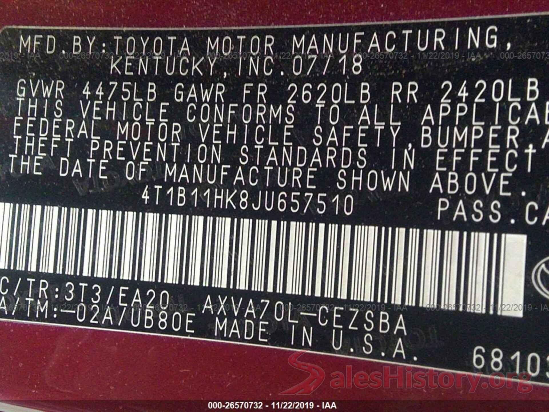 4T1B11HK8JU657510 2018 TOYOTA CAMRY