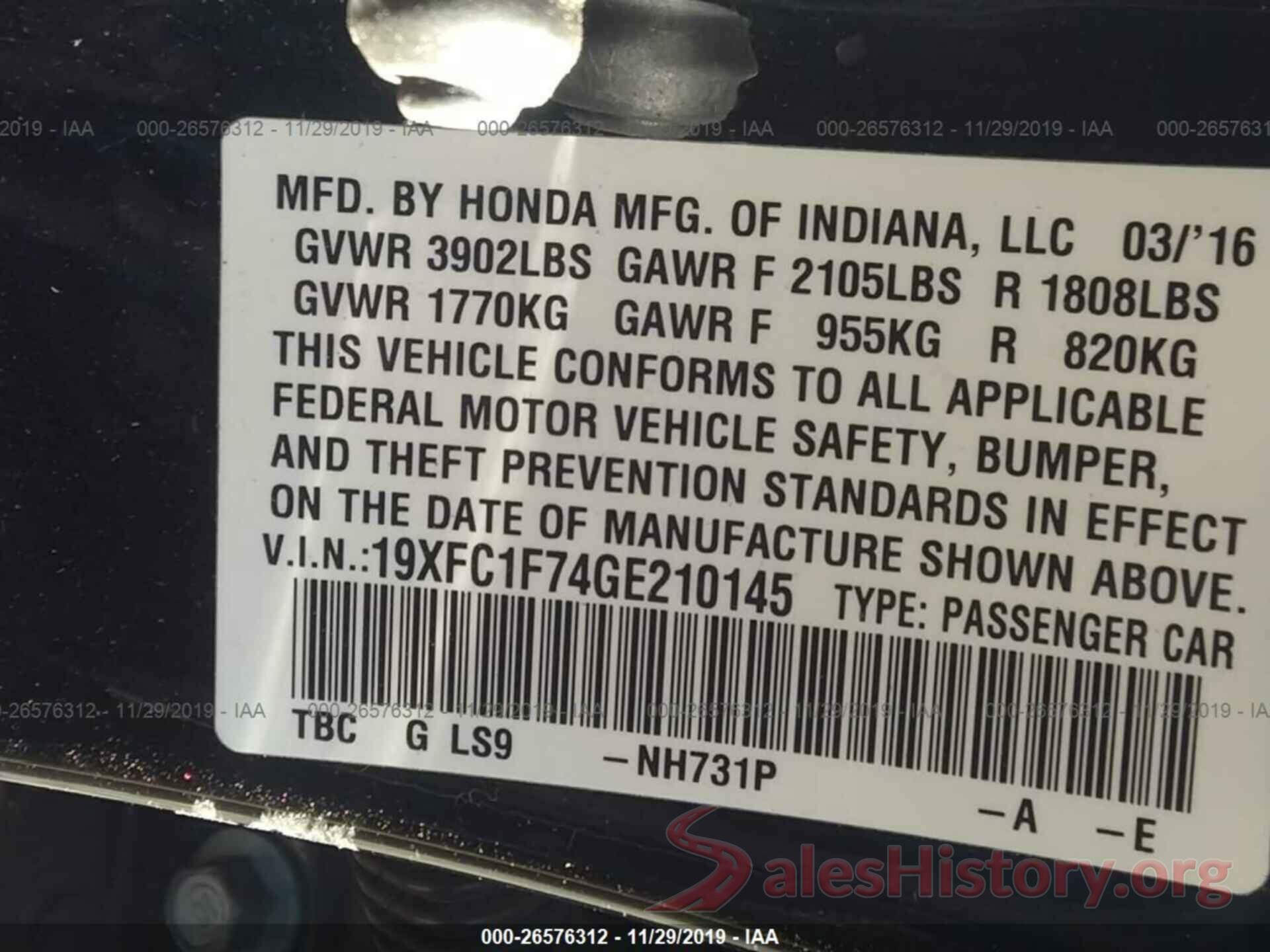 19XFC1F74GE210145 2016 Honda Civic