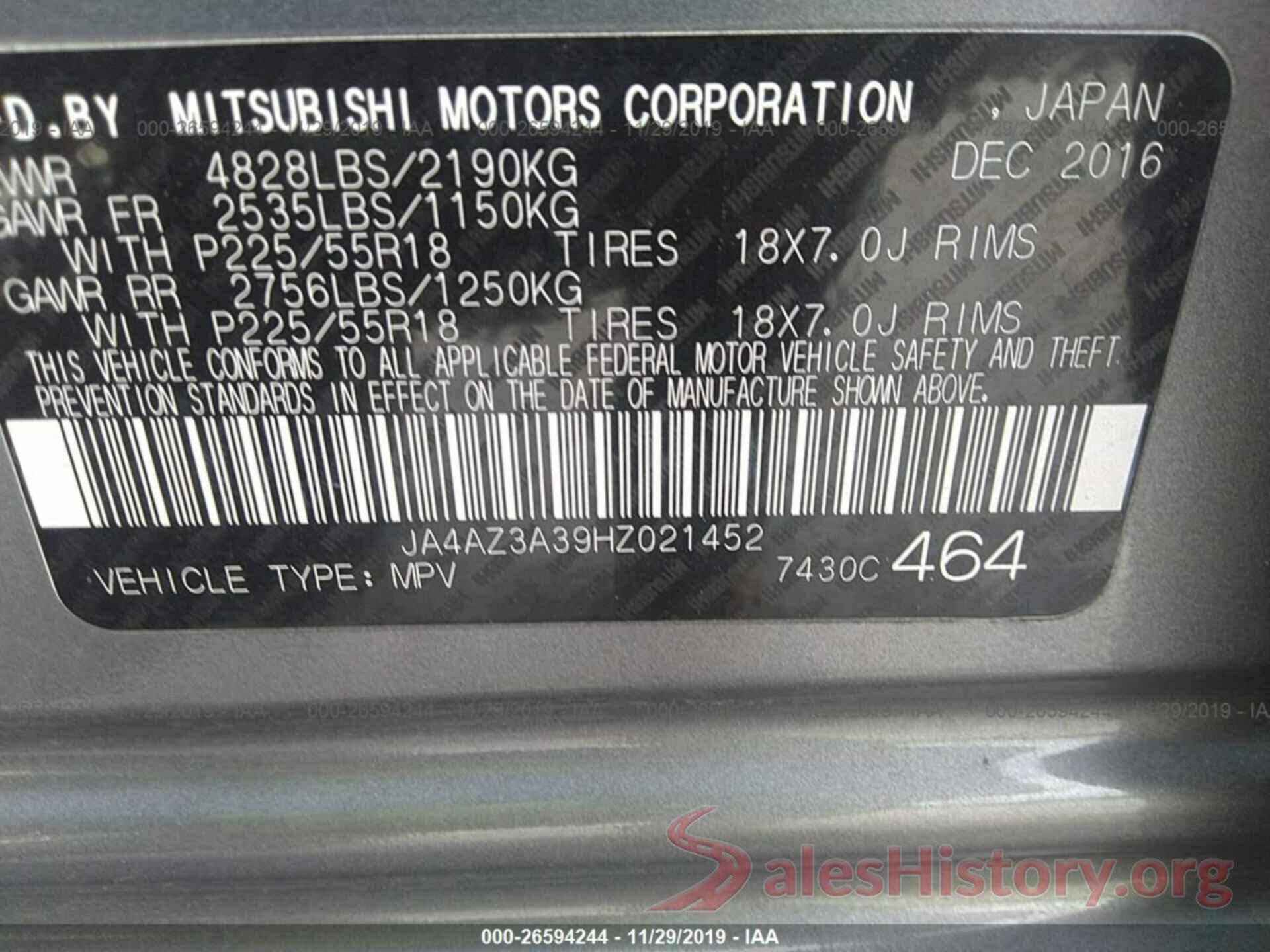 JA4AZ3A39HZ021452 2017 MITSUBISHI OUTLANDER